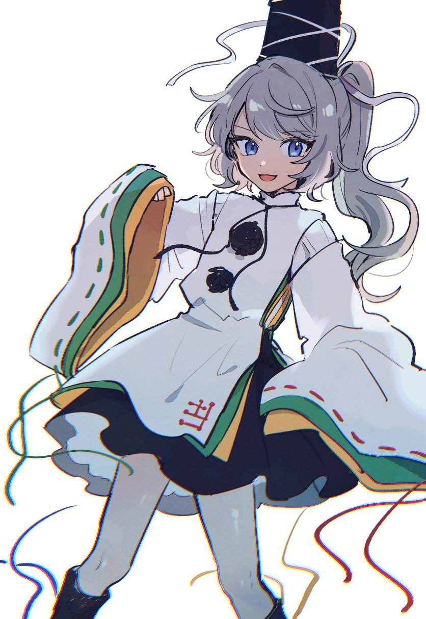 mozukuzu (manukedori), mononobe no futo, touhou, commentary request, highres, 1girl, blue eyes, feet out of frame, grey hair, hat, japanese clothes, kariginu, long hair, long sleeves, looking at viewer, open mouth, pom pom (clothes), ponytail, ribbon-trimmed sleeves, ribbon trim, simple background, skirt, smile, solo, tate eboshi, white background, wide sleeves