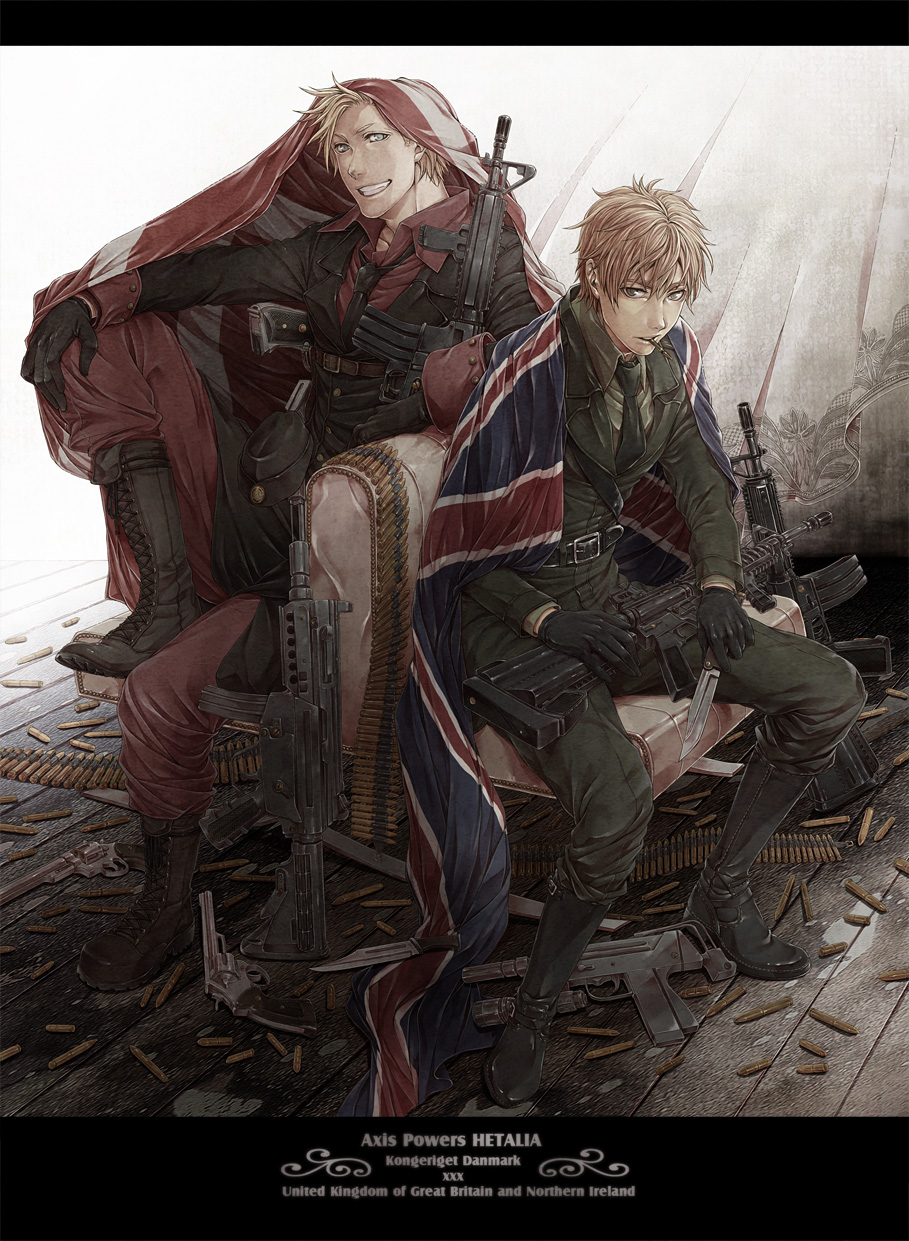 azuma yuuhi, denmark (hetalia), northern ireland (hetalia), united kingdom (hetalia), axis powers hetalia, bad id, bad pixiv id, highres, 2boys, assault rifle, blonde hair, bullet, flag, gloves, gun, handgun, knife, letterboxed, machine gun, male focus, military, military uniform, mouth hold, multiple boys, revolver, rifle, smile, weapon