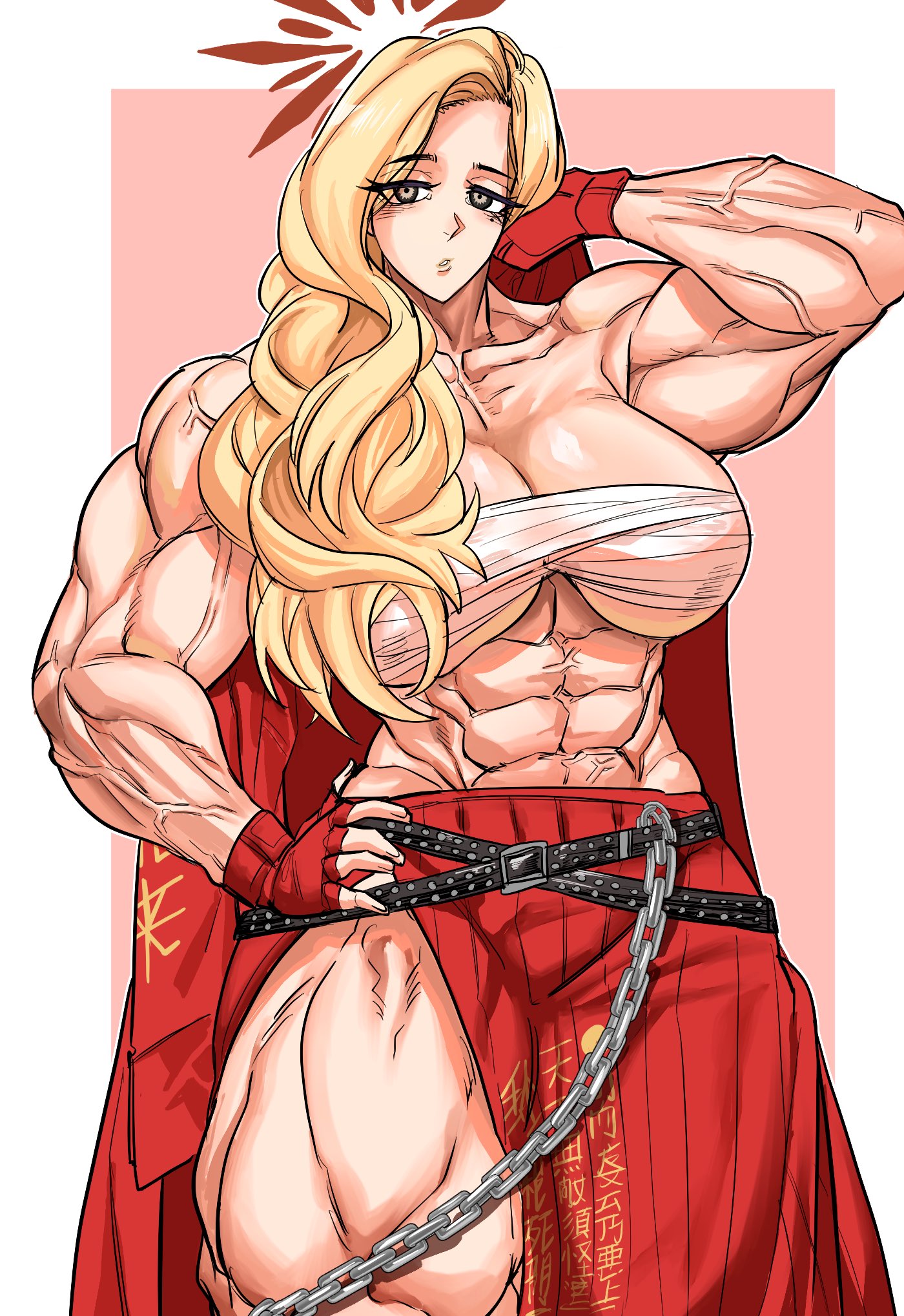 uki bill4744, akemi (blue archive), blue archive, highres, 1girl, arm up, armpits, bare shoulders, blonde hair, breasts, chain, chest sarashi, cleavage, female focus, fingerless gloves, gloves, hand on own hip, large breasts, long hair, looking at viewer, mole, mole under eye, muscular, muscular female, sarashi, simple background, solo, thick thighs, thighs, underboob, veins, veiny arms