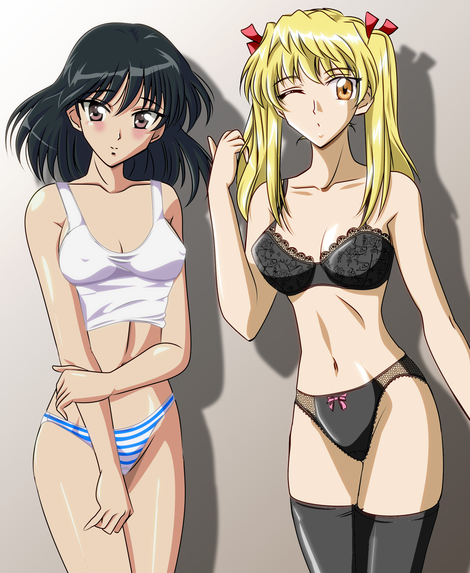 gentoku, sawachika eri, tsukamoto yakumo, school rumble, highres, 00s, 2girls, black bra, black hair, black panties, blonde hair, bra, breasts, brown eyes, covered erect nipples, lingerie, long hair, medium breasts, multiple girls, one eye closed, orange eyes, panties, short hair, short twintails, striped clothes, striped panties, thighhighs, twintails, undershirt, underwear, underwear only, wink