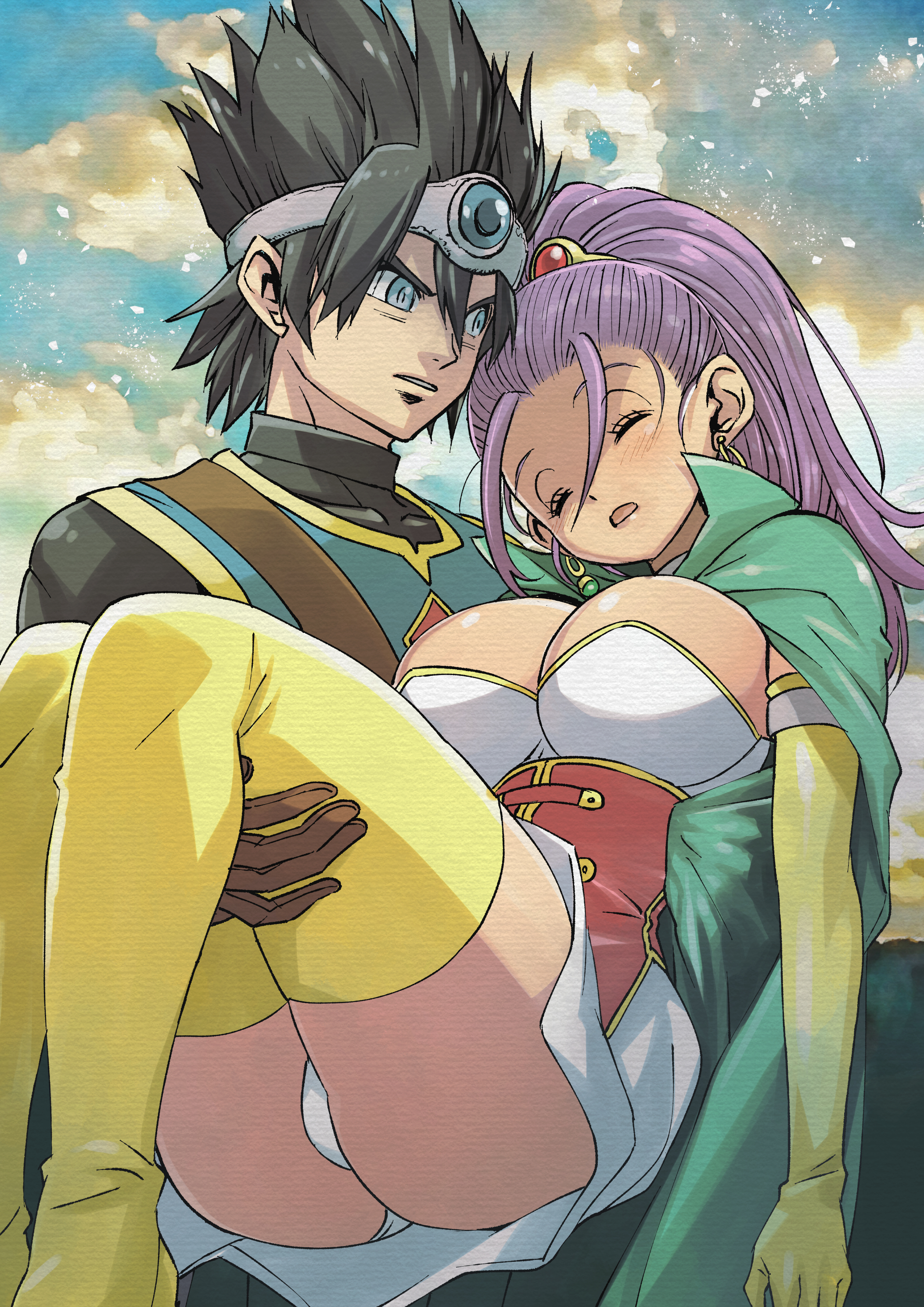 muramasa mikado, roche (dq11), senica (dq11), dragon quest, dragon quest xi, square enix, 1boy, 1girl, black bodysuit, black hair, blue eyes, blue tunic, blush, bodysuit, boots, breasts, brown gloves, carrying, carrying person, cleavage, cloak, closed eyes, cloud, corset, dress, earrings, gloves, green cloak, hair ornament, headpiece, high ponytail, hoop earrings, jewelry, large breasts, long hair, open mouth, panties, parted lips, ponytail, princess carry, purple hair, red corset, short hair, sky, spiked hair, standing, strapless, strapless dress, teeth, thigh boots, tunic, underwear, white dress, white panties, yellow boots, yellow gloves