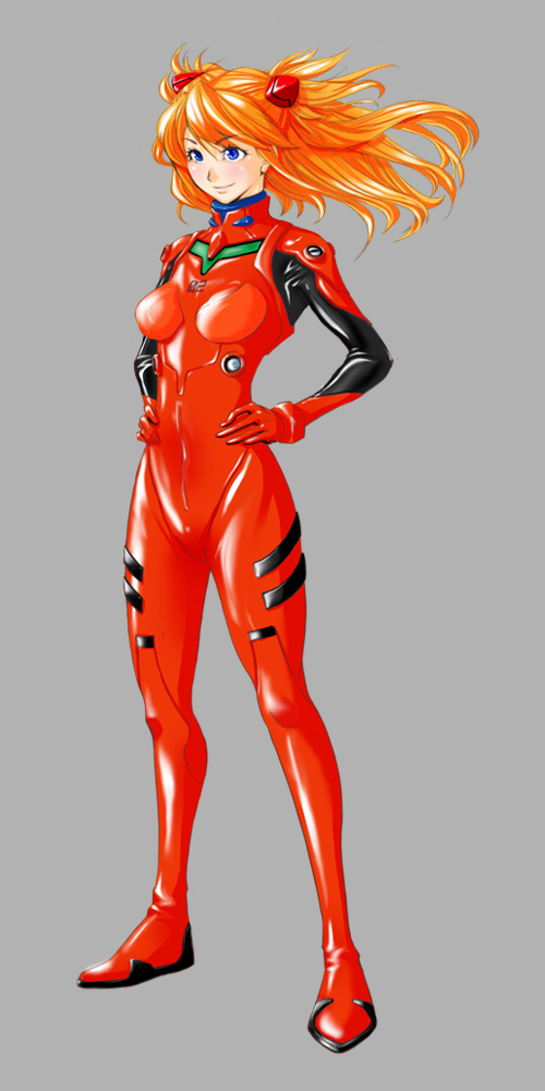 renha, souryuu asuka langley, evangelion: 2.0 you can (not) advance, neon genesis evangelion, rebuild of evangelion, 00s, 1girl, blue eyes, bodysuit, breasts, curvy, female focus, floating hair, full body, grey background, hair ornament, hands on own hips, interface headset (evangelion), lips, long hair, looking to the side, mecha pilot suit, medium breasts, orange hair, plugsuit (evangelion), red bodysuit, simple background, smile, solo, standing, twintails, two side up, very long hair, wide hips