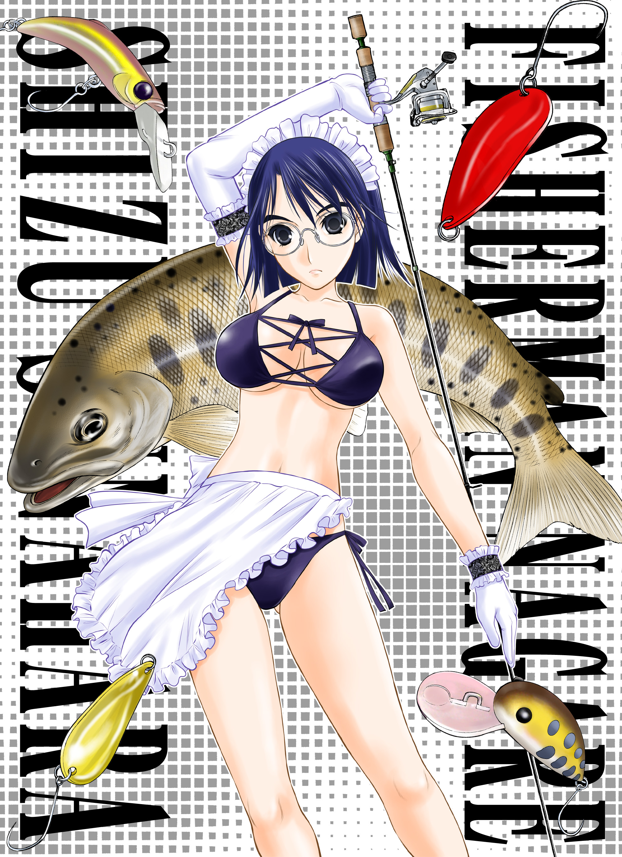 takeshita kenjirou, sunahara shizuru, tsuriya nagare, absurdres, highres, 1girl, apron, bait, bikini, black bikini, blue eyes, blue hair, breasts, cleavage, female focus, fish, fishing rod, front-tie top, glasses, gloves, holding, holding fishing rod, lure, maid, maid apron, matching hair/eyes, medium breasts, short hair, side-tie bikini bottom, solo, swimsuit, white gloves
