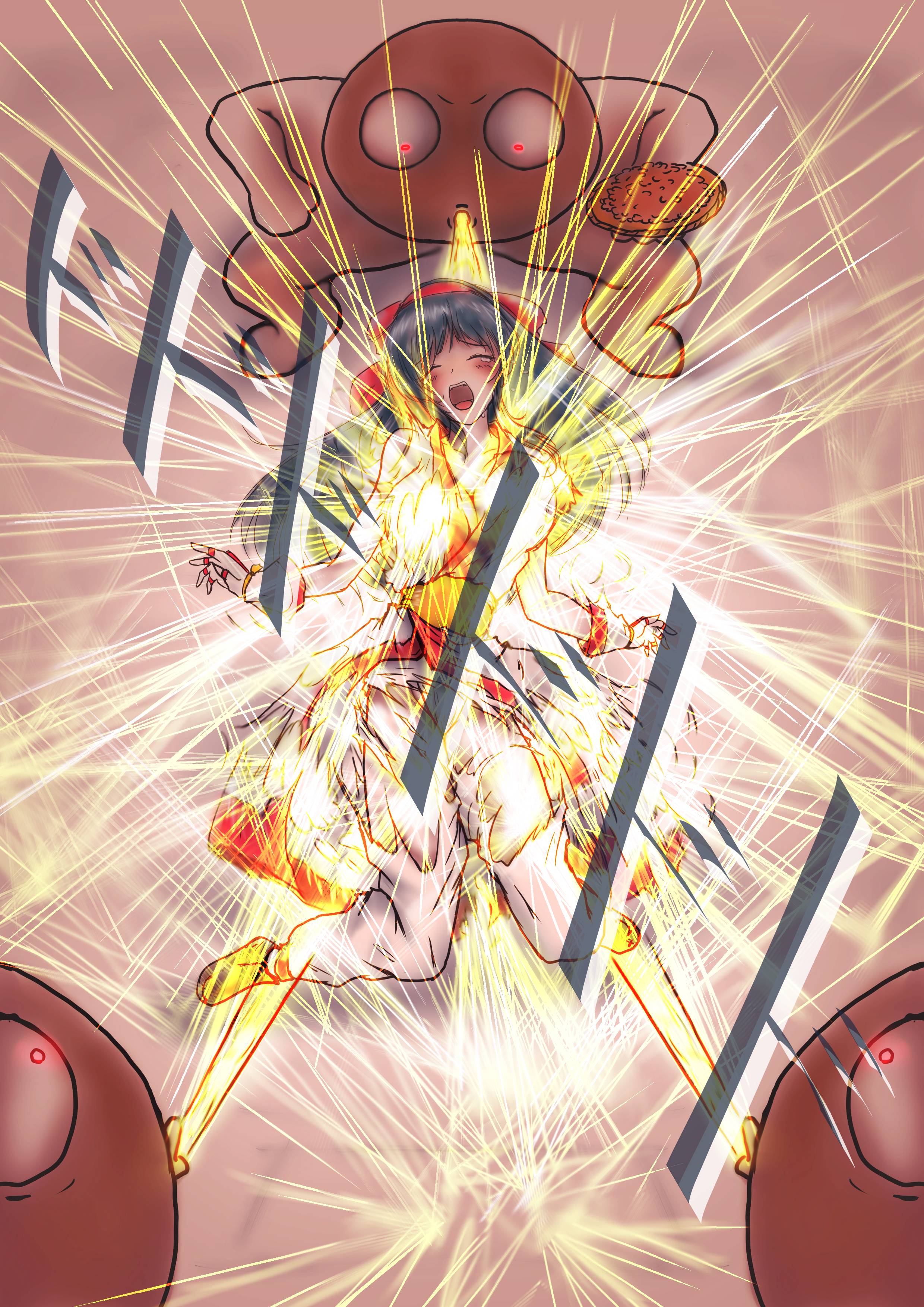 nakoruru, kiki kaikai (series), samurai spirits, snk, the king of fighters, highres, 1girl, 3boys, ainu clothes, attack, barefoot, black hair, blush, breasts, cleavage, closed eyes, defeat, feet, hair ribbon, legs, long hair, lying, moaning, monster, multiple boys, open mouth, pants, red eyes, ribbon, spitting, teeth, thighs, tongue, torn clothes