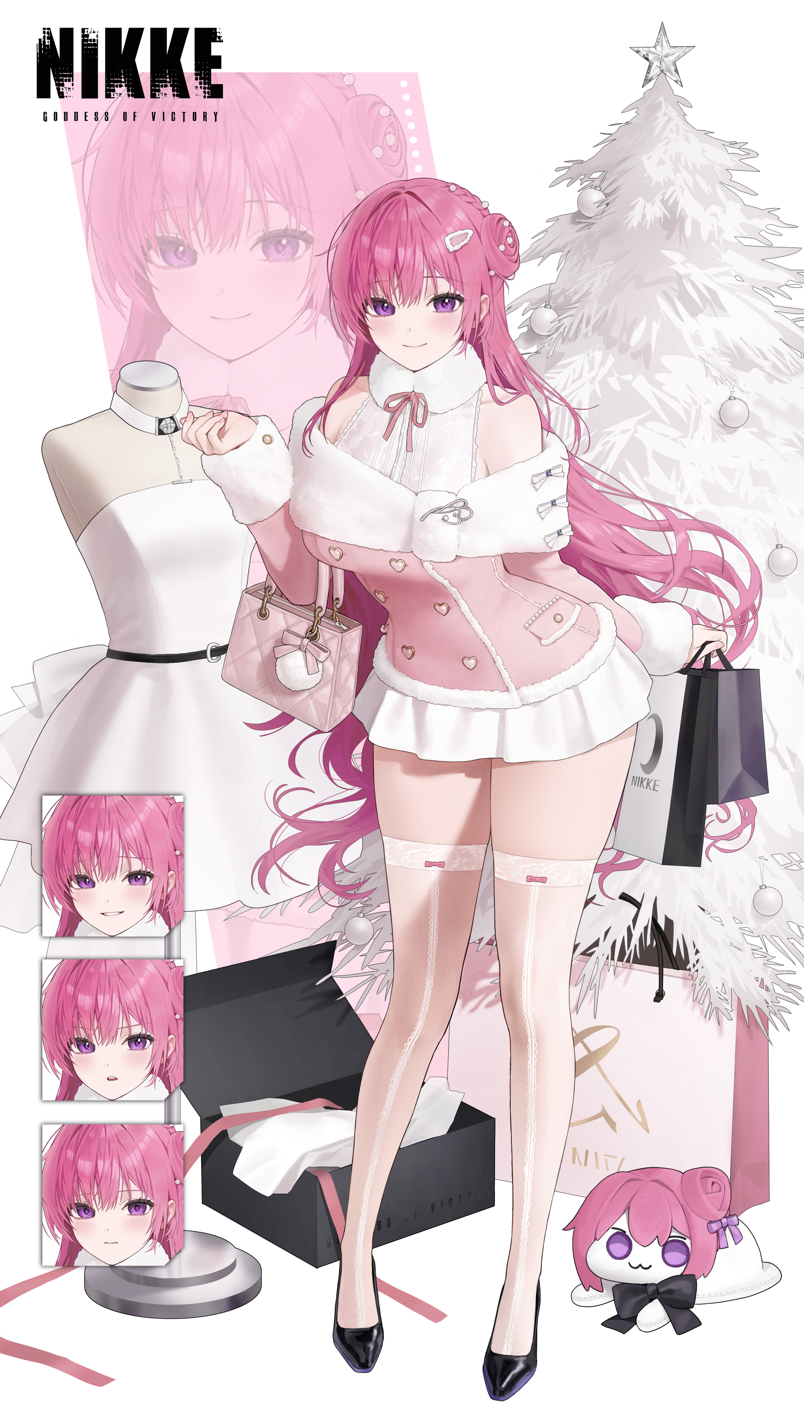 kir (khw66136132), doro (nikke), dorothy (nikke), goddess of victory: nikke, absurdres, commentary, english commentary, highres, 1girl, bag, black bag, breasts, christmas tree, closed mouth, hair ornament, hairpin, handbag, himekaji, holding, holding bag, large breasts, long hair, looking at viewer, pink bag, pink hair, pink shirt, purple eyes, shirt, skirt, smile, solo, white background, white skirt