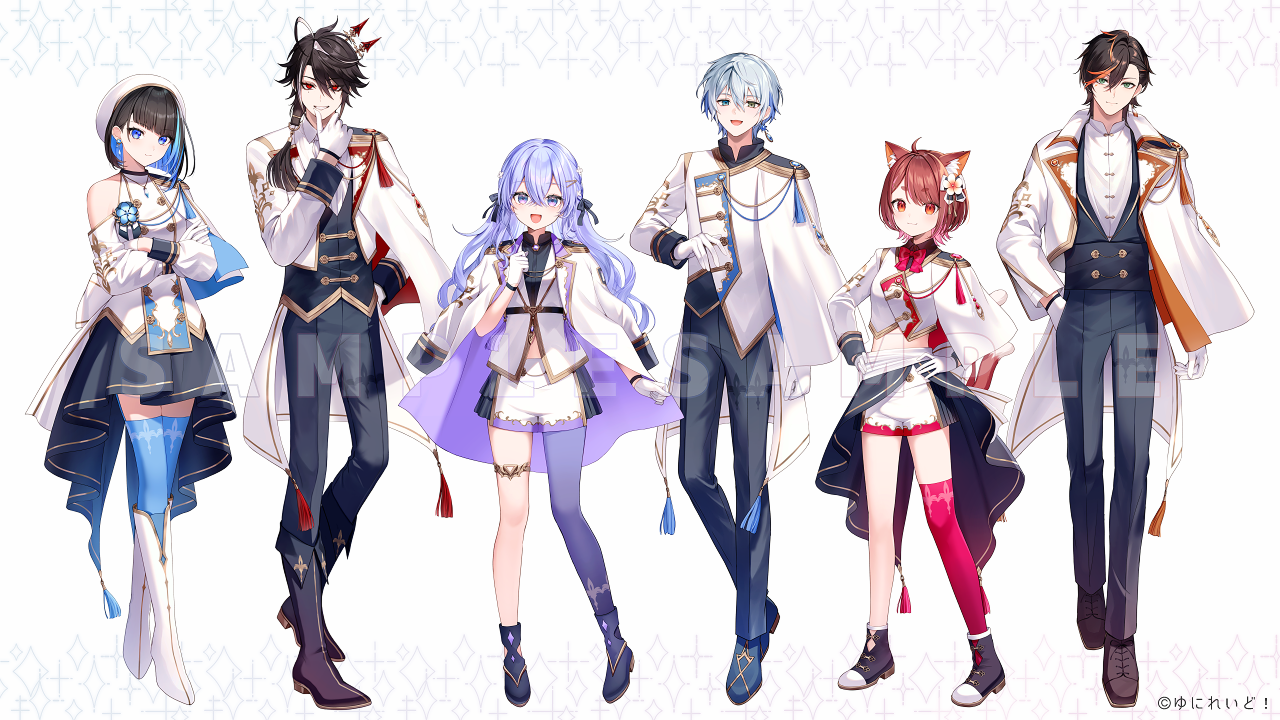 momoshiki tsubaki, commentary request, copyright request, official art, 3boys, 3girls, :d, animal ear fluff, animal ears, bare shoulders, black boots, black pants, black shirt, black skirt, black vest, blue eyes, blue hair, blue shoes, blue thighhighs, boots, brown hair, brown shoes, closed mouth, collared shirt, cropped jacket, crossed arms, dress shirt, earrings, gloves, green eyes, grey hair, heterochromia, jacket, jacket on shoulders, jewelry, knee boots, long hair, long sleeves, multicolored hair, multiple boys, multiple girls, open mouth, orange hair, pants, pantyhose, puffy long sleeves, puffy sleeves, purple eyes, purple hair, purple pantyhose, red eyes, red hair, red thighhighs, sample watermark, shirt, shoes, short hair, shorts, single leg pantyhose, single thighhigh, skirt, smile, standing, streaked hair, thighhighs, thighhighs under boots, two-tone hair, very long hair, vest, virtual youtuber, watermark, white background, white boots, white gloves, white jacket, white shirt, white shorts