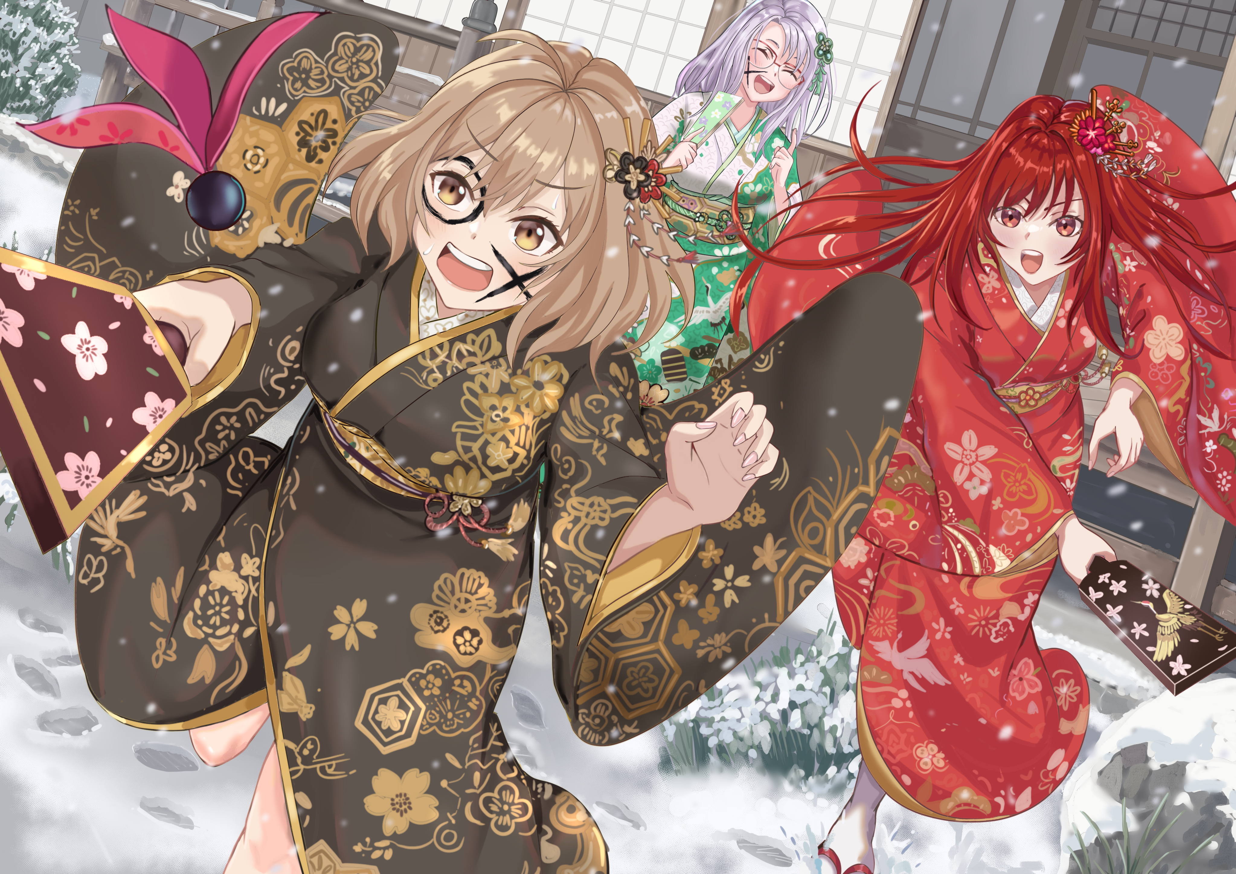 na70103, anis (nikke), neon (nikke), rapi (nikke), goddess of victory: nikke, absurdres, commentary request, highres, 3girls, black kimono, brown hair, closed eyes, floral print, floral print kimono, green kimono, japanese clothes, kimono, looking at viewer, multiple girls, open mouth, outdoors, print kimono, red eyes, red hair, red kimono, smile, snow, yellow eyes