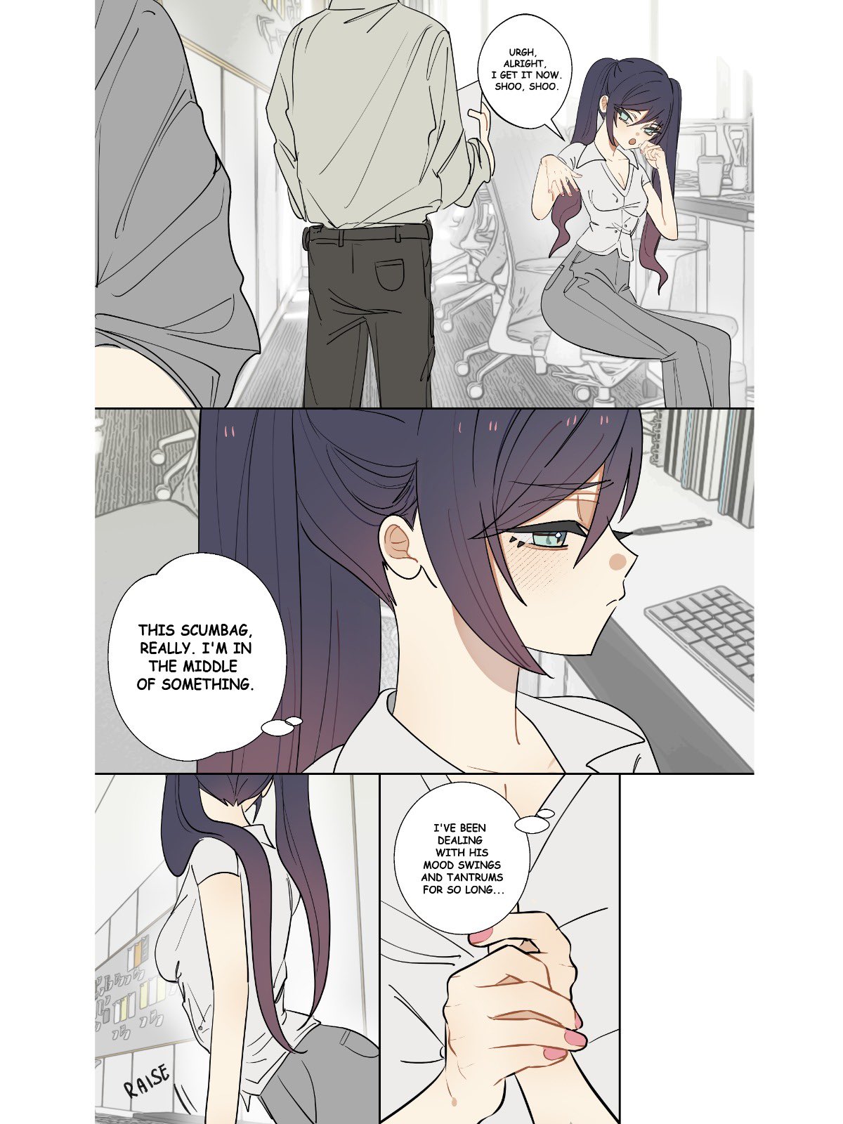 ysnden, mona (genshin impact), genshin impact, commentary, english commentary, highres, 1girl, 2boys, alternate costume, alternate universe, asymmetrical bangs, black hair, black pants, blouse, blush, breasts, bulletin board, casual, chair, cleavage, closed mouth, collared shirt, contemporary, cup, disposable coffee cup, disposable cup, facing another, fingernails, gradient hair, grey pants, grey shirt, grey sleeves, hair between eyes, hand on own face, hands up, indoors, long hair, looking at another, looking to the side, medium breasts, multicolored hair, multiple boys, office, office lady, open collar, open hand, own hands together, pants, pink hair, pink nails, pocket, shirt, short sleeves, sidelocks, sitting, sound effects, standing, swept bangs, swivel chair, twintails, v-neck, white shirt, white sleeves, wide hips