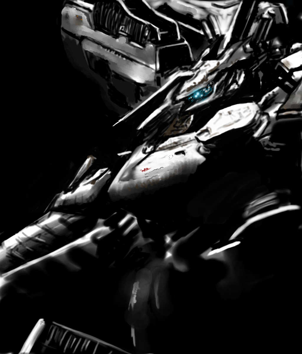 white glint, armored core, armored core: for answer, fromsoftware, highres, mecha, monochrome, no humans, robot, solo, spot color