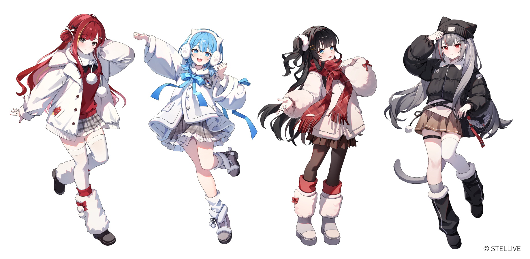 azit (down), akane lize, arahashi tabi, neneko mashiro, shirayuki hina, stellive, commentary request, highres, official art, 4girls, asymmetrical legwear, black hair, black pantyhose, blue eyes, blue hair, breasts, cat girl, cat tail, closed mouth, full body, grey eyes, grey hair, grey socks, huge breasts, jacket, kneehighs, leg warmers, long hair, long sleeves, looking at viewer, mismatched legwear, mole, mole under eye, multiple girls, open clothes, open jacket, open mouth, pantyhose, parted lips, red eyes, red hair, scarf, shoes, simple background, skirt, smile, socks, standing, tail, thigh strap, thighhighs, uneven legwear, virtual youtuber, white background, white socks, white thighhighs, winter clothes, zettai ryouiki