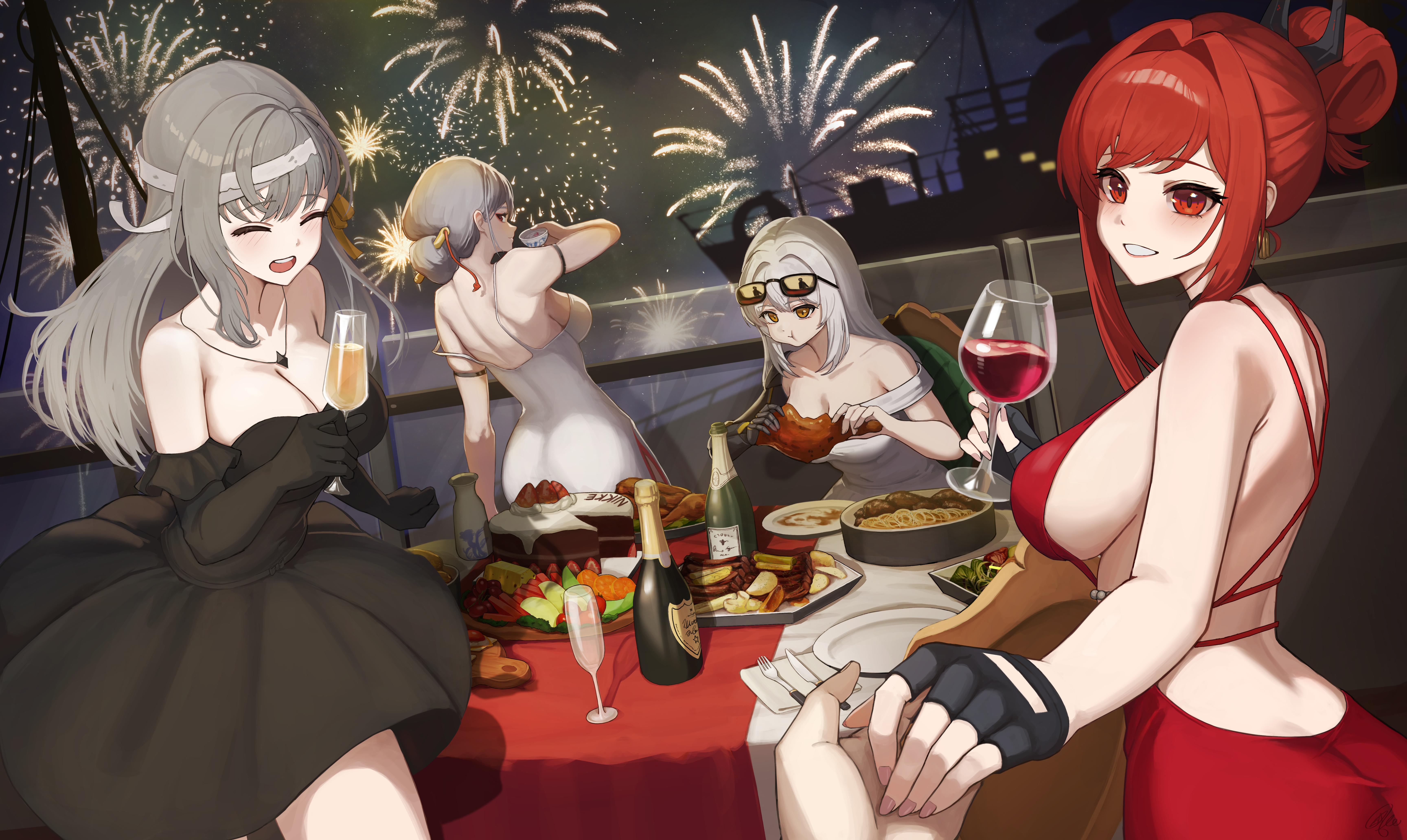 sagle, modernia (nikke), rapi (nikke), rapi (red hood) (nikke), scarlet (nikke), snow white (nikke), goddess of victory: nikke, absurdres, commentary, english commentary, highres, 1other, 4girls, aerial fireworks, alcohol, alternate costume, back, bandage on hair, black dress, black gloves, bottle, breasts, cake, champagne, champagne flute, chocolate cake, cleavage, cup, dress, drinking glass, evening gown, eyewear on head, fingerless gloves, fireworks, food, gloves, grey dress, grey hair, holding, holding cup, holding food, multiple girls, night, red dress, red eyes, red hair, sideboob, smile, wine bottle, wine glass, yellow eyes