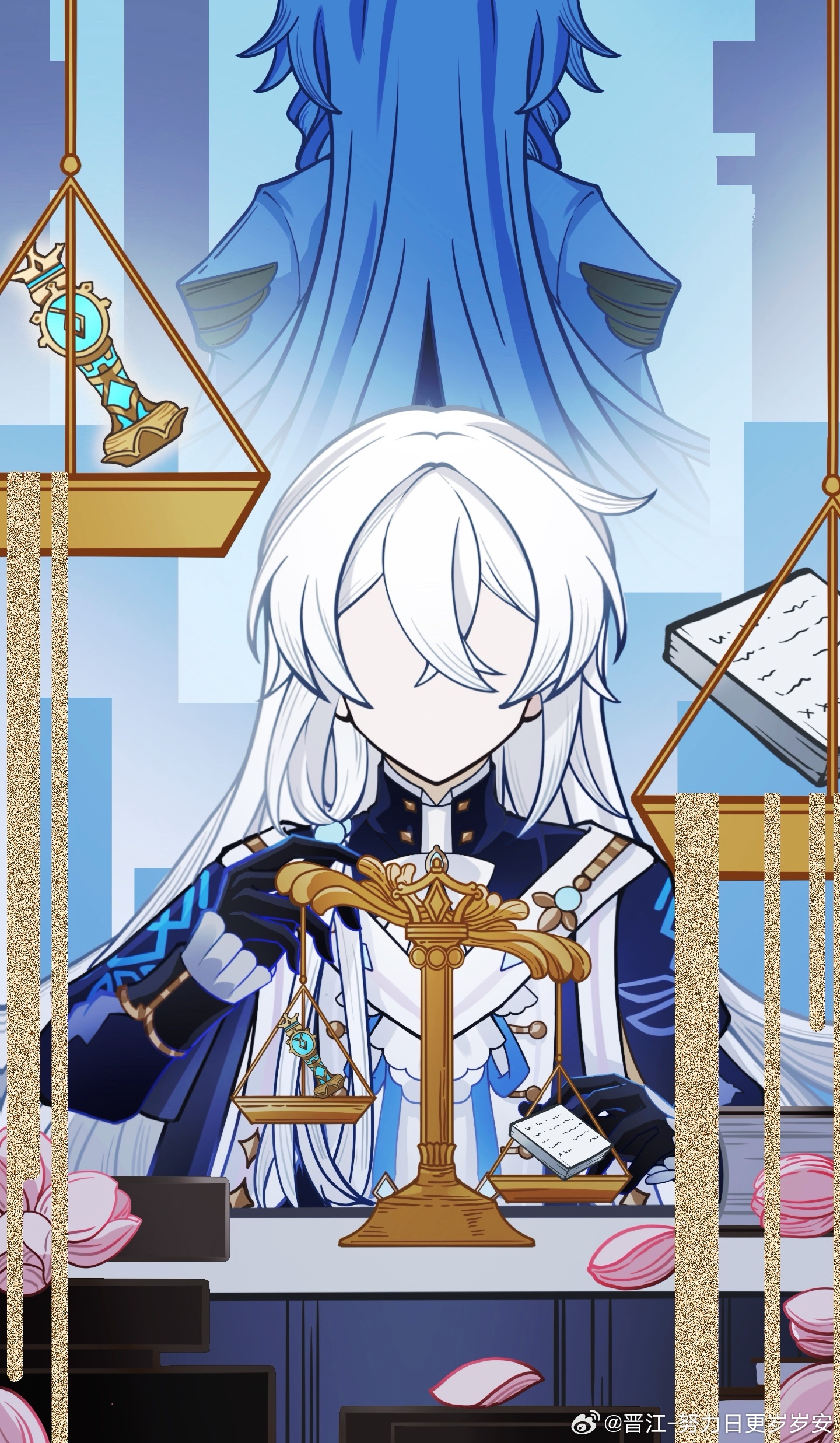 focalors (genshin impact), genshin impact, absurdres, chinese commentary, commentary request, highres, 1boy, 2girls, balance scale, black gloves, blue jacket, book, closed mouth, flower, genius invokation tcg (style), gloves, gnosis (genshin impact), hair between eyes, holding, jacket, jinjiang nulirigeng suisuian, long hair, long sleeves, multiple girls, watermark, weibo watermark, weighing scale, white hair