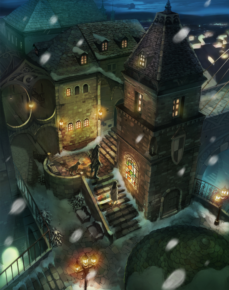 hage2013, futari to ippiki no tabi, original, lights, bad id, bad pixiv id, 1boy, 1girl, city, dog, lamppost, lantern, night, scenery, snow, stained glass, stairs, town, winter