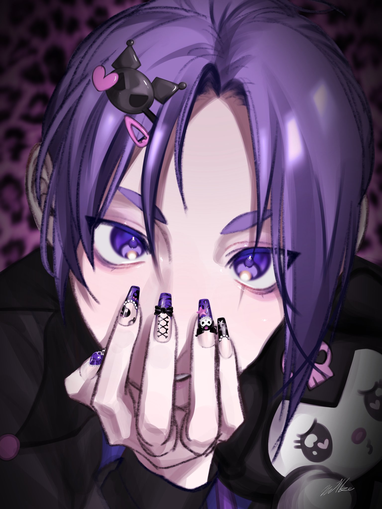 kuromi, mikage reo, blue lock, commentary, highres, symbol-only commentary, animal print, black jacket, close-up, cosplay, covering own mouth, fingernails, hair ornament, hairpin, hand over own mouth, jacket, kousibou milk, kuromi (cosplay), light smile, long fingernails, looking at viewer, male focus, nail polish, pink background, purple eyes, purple hair, purple nails, shadow, solo, stuffed toy, tiger print