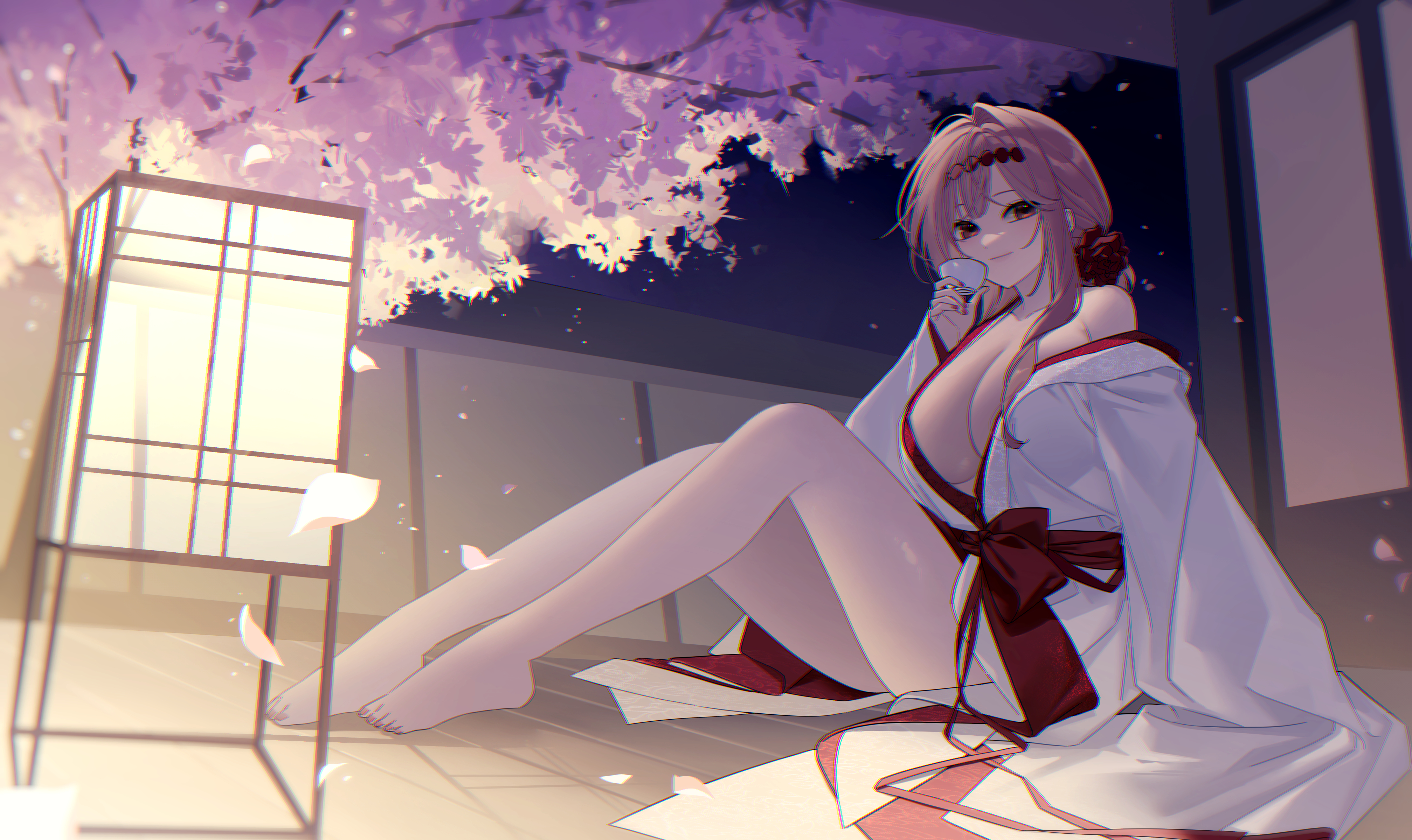 myao (o3o333), scarlet (black shadow) (longing flower) (nikke), scarlet (nikke), goddess of victory: nikke, absurdres, commentary request, highres, 1girl, barefoot, breasts, cherry blossoms, choko (cup), cleavage, closed mouth, cup, feet, flower, food, fruit, grey hair, hair flower, hair ornament, holding, holding cup, indoors, japanese clothes, kimono, large breasts, long hair, looking at viewer, night, official alternate costume, red eyes, red flower, red hair, red rose, rose, sitting, smile, solo, thighs, toes, very long hair, white kimono, yukata