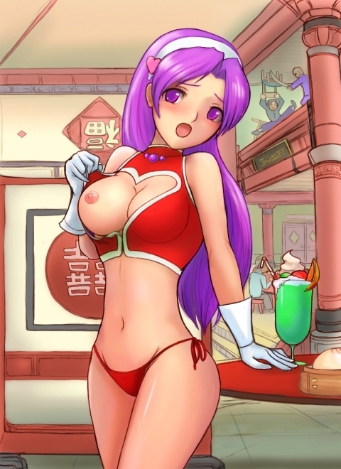 asamiya athena, psycho soldier, snk, the king of fighters, the king of fighters 2003, eyebrows, 1girl, arm support, bare shoulders, bikini, blush, breasts, breasts out, character cutout, chinese clothes, cleavage, cleavage cutout, clothes lift, clothing cutout, female focus, gloves, groin, hair intakes, hairband, heart cutout, indoors, jewelry, large breasts, legs together, long hair, looking at viewer, midriff, navel, necklace, nipples, no pupils, one breast out, open clothes, open mouth, panties, purple eyes, purple hair, red bikini, side-tie bikini bottom, solo focus, standing, swimsuit, underwear, undressing, white gloves