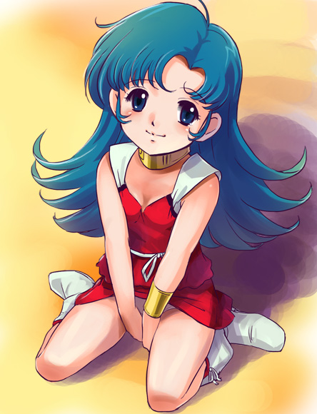 haruyama kazunori, mome, mome (orguss), mu (orguss), choujikuu seiki orguss, orguss, 1girl, android, blue eyes, boots, bracelet, collar, dress, female focus, green hair, jewelry, panties, pantyshot, sitting, solo, underwear, wariza