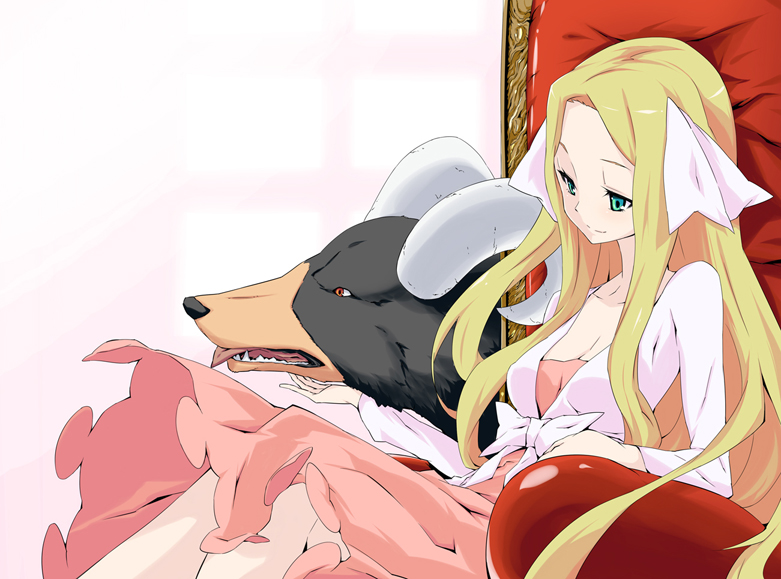toru k, caitlin (pokemon), houndoom, nintendo, pokemon, pokemon dppt, pokemon platinum, bad id, bad pixiv id, 1girl, blonde hair, breasts, cleavage, dress, elite four, frontier brain, gen 2 pokemon, green eyes, long hair, medium breasts, pokemon (creature), smile