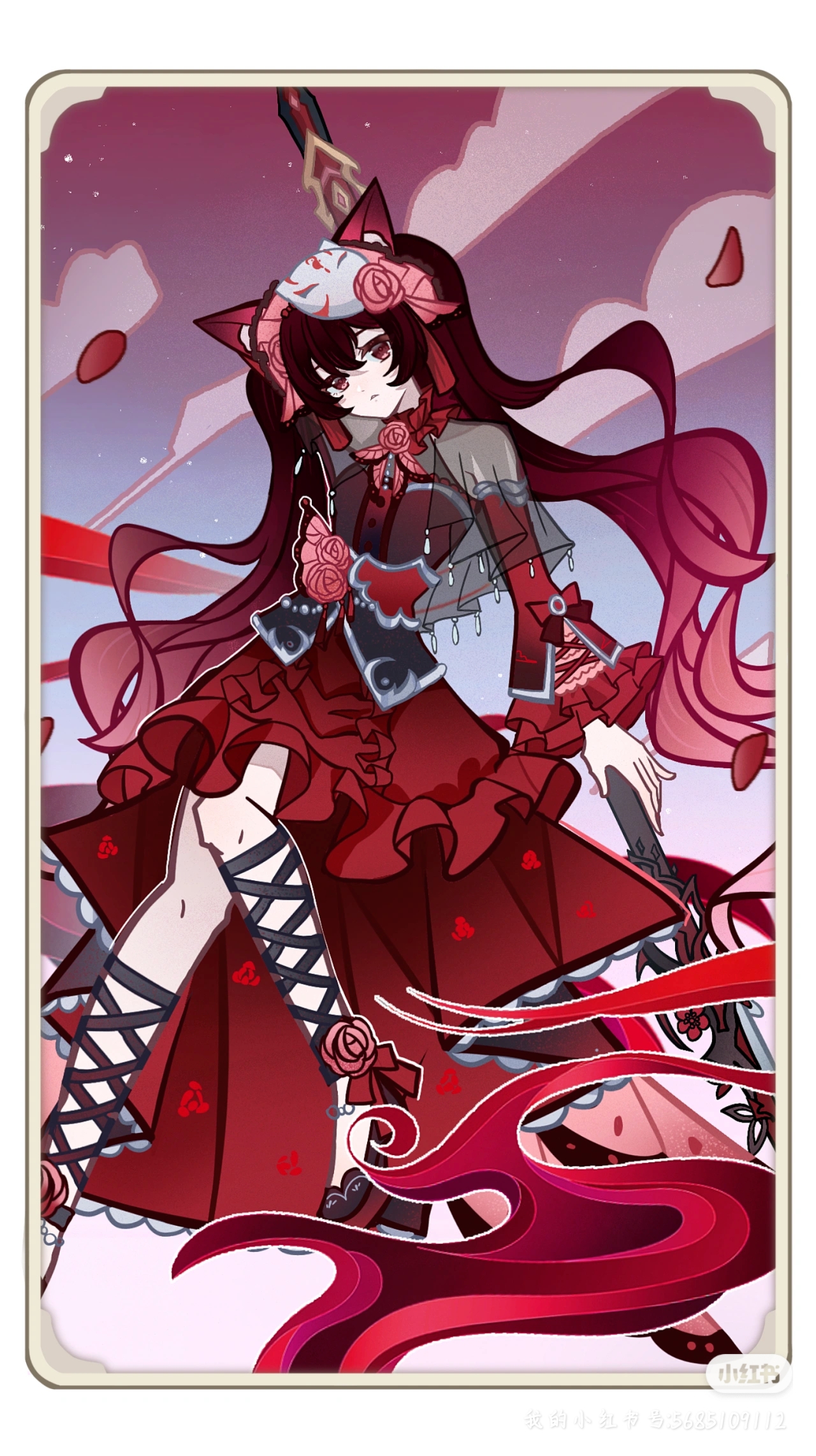 original, chinese commentary, commentary request, highres, 1girl, animal ears, black hair, cat ears, closed mouth, cloud, dress, flower, fox mask, frilled dress, frills, full body, genius invokation tcg (style), gradient hair, hair between eyes, hair flower, hair ornament, holding, holding scythe, holding weapon, jiuniang tao, long hair, long sleeves, looking at viewer, mask, multicolored hair, petals, red dress, red eyes, red flower, red hair, red rose, rose, scythe, sky, smile, solo, twintails, weapon