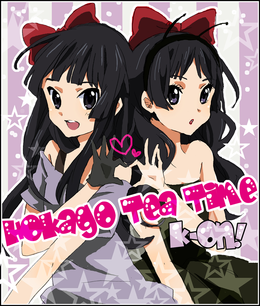 new yamari, akiyama mio, k-on!, listen!!, bad id, bad pixiv id, 2girls, black hair, casual, dress, dual persona, four-finger heart hands, heart, heart hands, heart hands duo, hime cut, multiple girls, ribbon, strapless, strapless dress