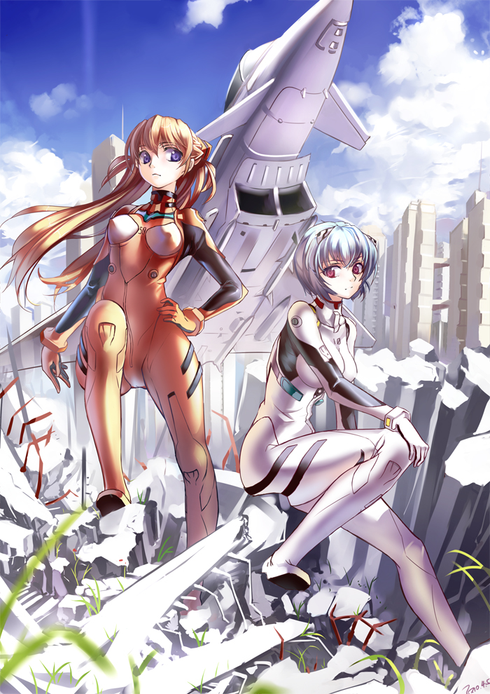 miyazakisoul, ayanami rei, souryuu asuka langley, neon genesis evangelion, jet, 2girls, aircraft, airplane, blue hair, bodysuit, brown hair, eurofighter typhoon, hand on own hip, long hair, mecha pilot suit, multiple girls, plugsuit (evangelion), ruins, short hair, sitting