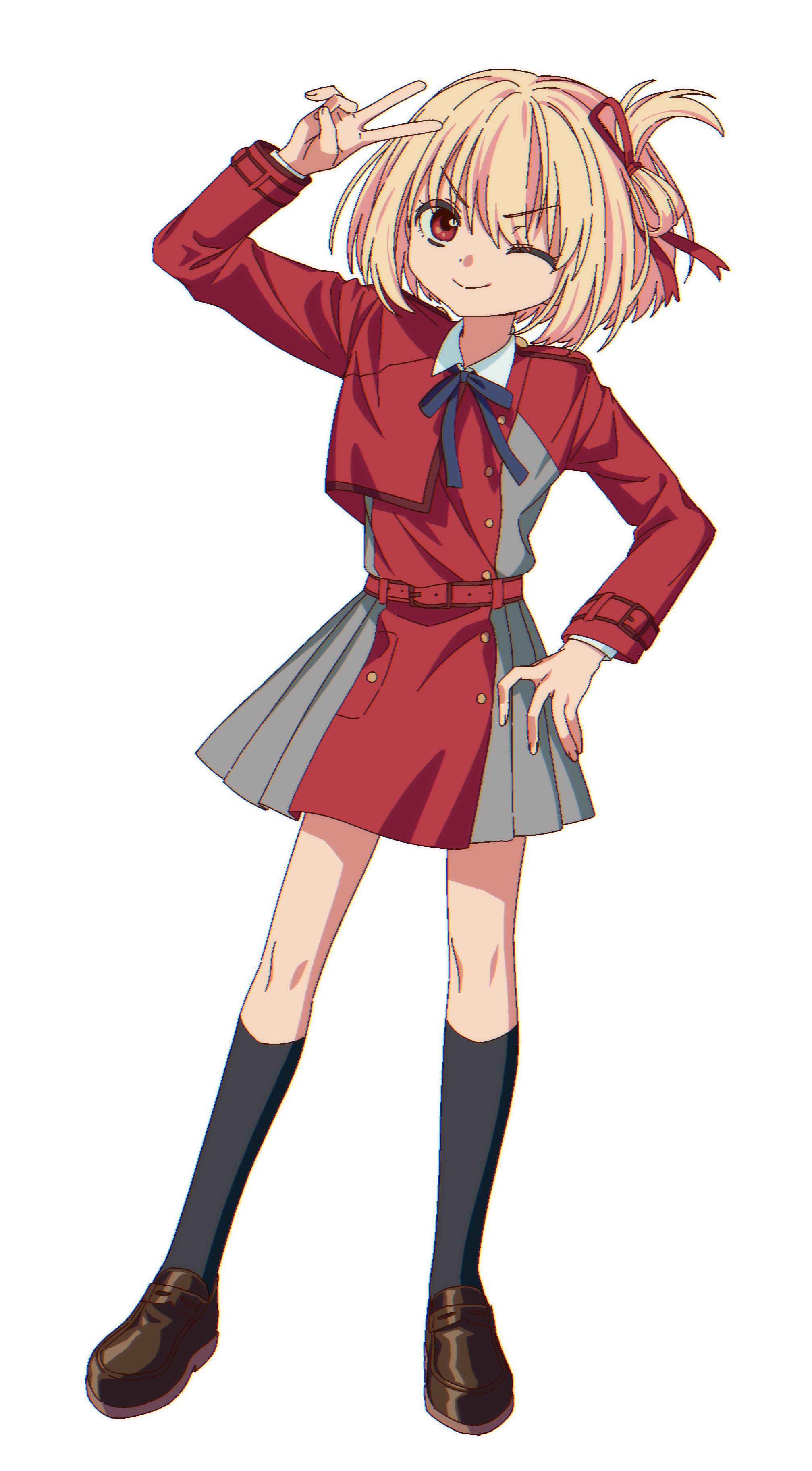 menma (enaic31), nishikigi chisato, lycoris recoil, absurdres, bad id, bad pixiv id, highres, 1girl, arm up, black socks, blonde hair, brown shoes, chromatic aberration, closed mouth, full body, hand on own hip, kneehighs, loafers, long sleeves, looking at viewer, lycoris uniform, one eye closed, red eyes, shoes, short hair, simple background, smile, socks, solo, v, white background