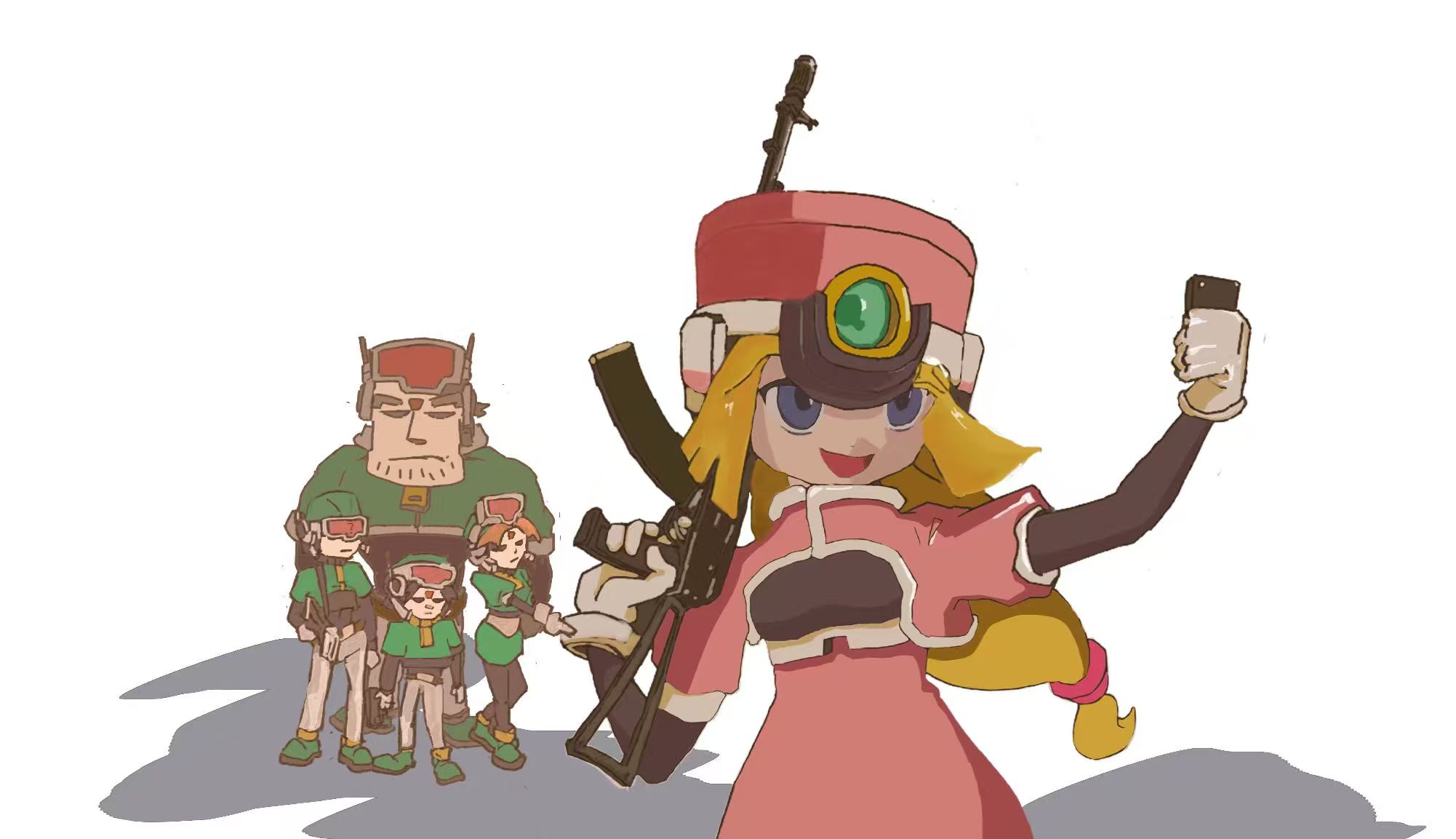 prairie (mega man), mega man (series), mega man zx, character request, commentary request, highres, 2girls, 3boys, assault rifle, blonde hair, blue eyes, cropped jacket, gun, hat, high-waist shorts, holding, holding gun, holding phone, holding weapon, jacket, jerrrysam2007, long hair, multiple boys, multiple girls, open mouth, phone, pink hat, pink jacket, pink shorts, rifle, selfie, shako cap, shorts, simple background, smile, solo focus, weapon, white background