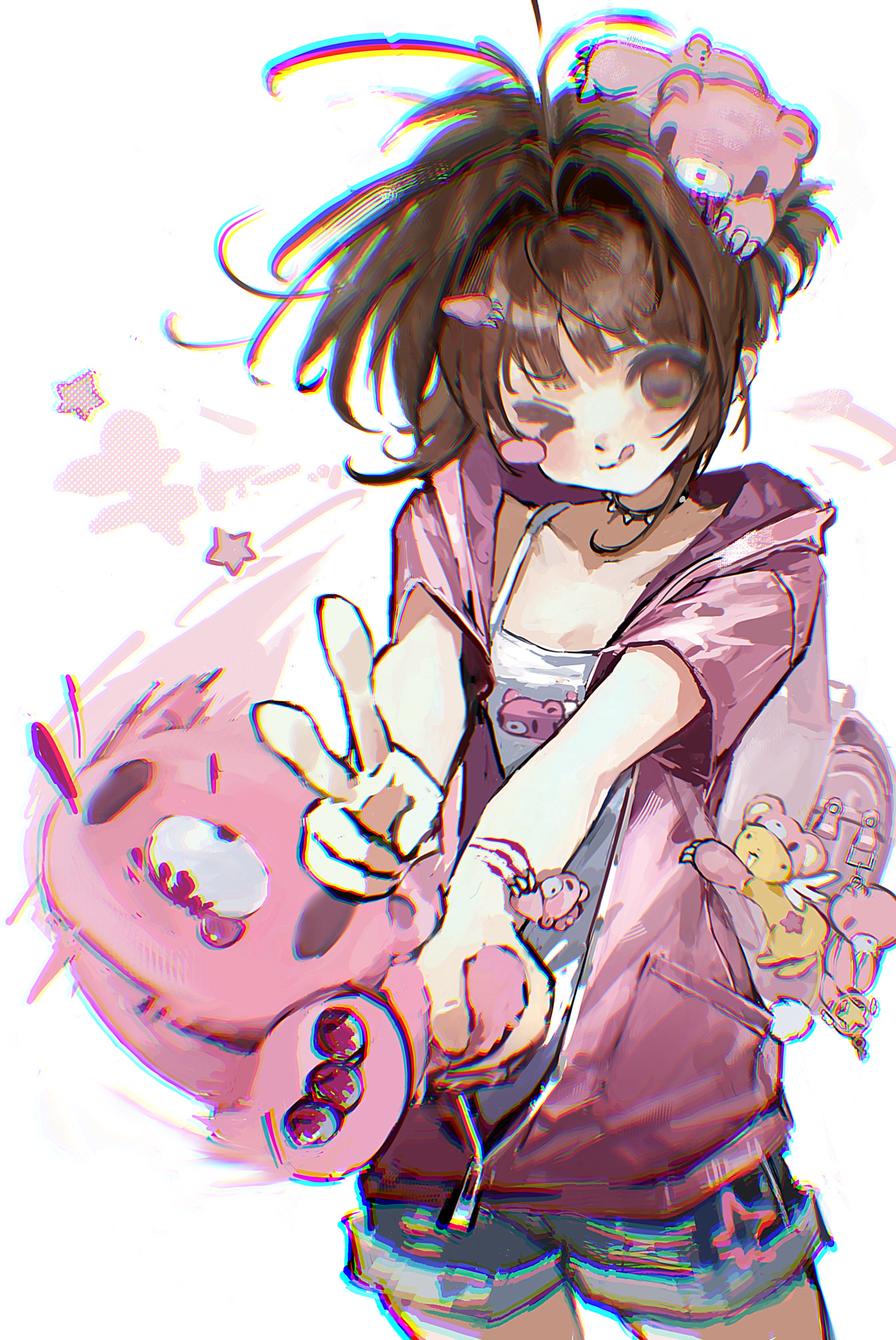 ruffian439, gloomy bear, kero (cardcaptor sakura), kinomoto sakura, cardcaptor sakura, itazuraguma no gloomy, absurdres, chinese commentary, commentary request, highres, variant set, > <, 1girl, alternate costume, backpack, bag, blush stickers, brown hair, cameo, character doll, character print, cowboy shot, denim, denim shorts, doll, fashion, green eyes, heisei retro, holding, holding stuffed toy, hood, hood down, hooded jacket, jacket, looking at viewer, one eye closed, open clothes, open jacket, pink jacket, randoseru, short hair, shorts, simple background, single blush sticker, smile, solo focus, standing, stuffed animal, stuffed toy, tank top, teddy bear, tongue, tongue out, v, white background, white tank top