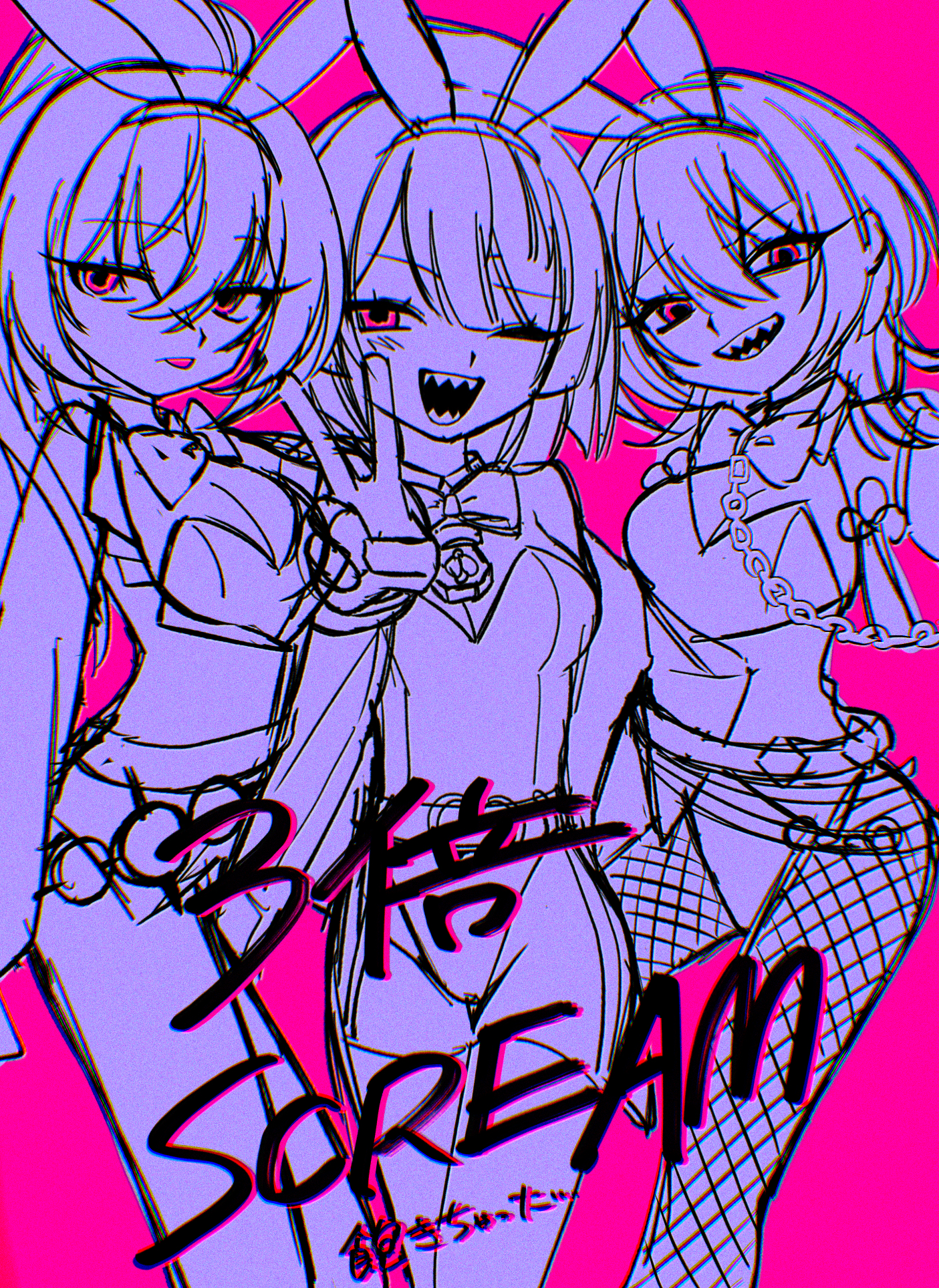 menma (enaic31), hibachi mana, hoshirube sho, koyanagi rou, nijisanji, bad id, bad pixiv id, highres, translation request, 3girls, animal ears, bow, bowtie, breasts, cleavage, closed mouth, fake animal ears, fishnet pantyhose, fishnets, genderswap, genderswap (mtf), greyscale with colored background, hairband, large breasts, leotard, long hair, multiple girls, open mouth, pantyhose, pink background, pink eyes, playboy bunny, rabbit ears, sharp teeth, short hair, smile, song name, spot color, teeth, thighhighs, tongue, tongue out, virtual youtuber