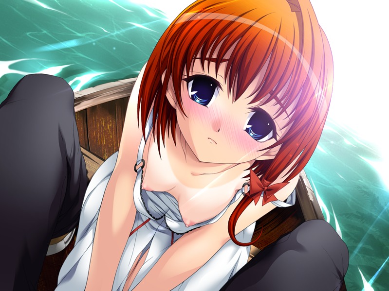 aojiru, hongou ai, kowaku no toki, game cg, 10s, 1boy, 1girl, blue eyes, blush, boat, bow, breasts, downblouse, dress, dutch angle, extended downblouse, frown, hair bow, lake, leaning forward, nipple slip, nipples, no bra, orange hair, pov, short hair, sitting, strap slip, sundress, tan, tanline, thigh gap, thighs, water