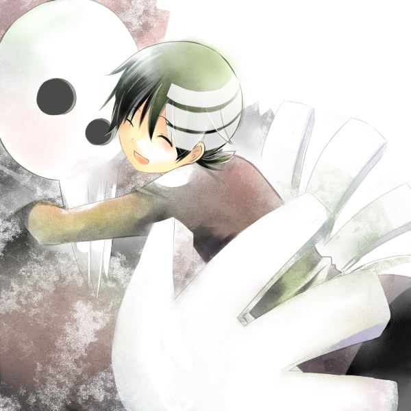 edato, death the kid, shinigami-sama, soul eater, bad id, bad pixiv id, 00s, 2boys, age difference, black hair, closed eyes, family bonding, father and son, happy, hug, male focus, multiple boys, open mouth, smile