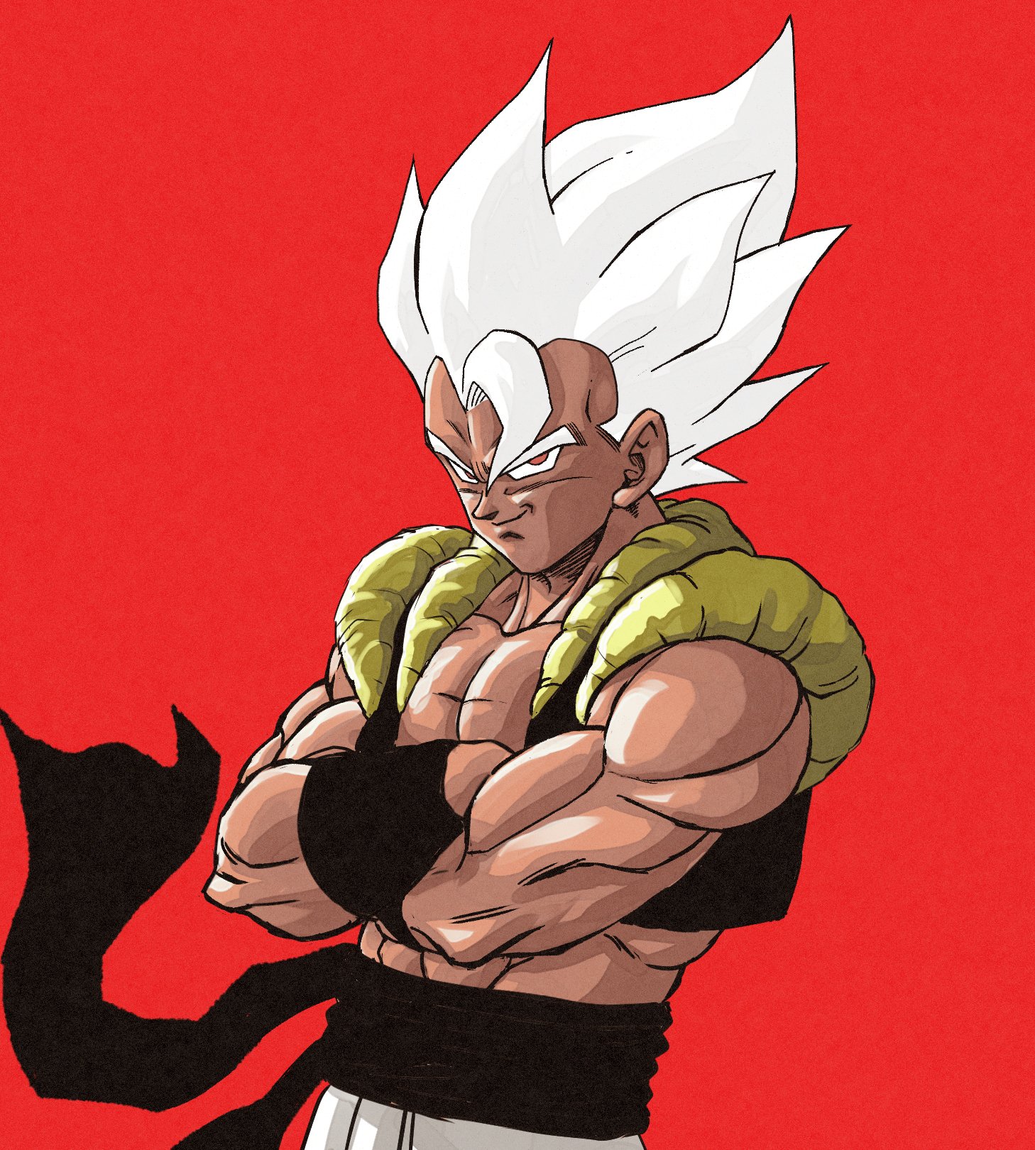 nagare seiya, gogeta, dragon ball, dragonball z, highres, 1boy, alternate eye color, black sash, black vest, cowboy shot, cropped vest, crossed arms, grey hair, limited palette, medium hair, metamoran vest, muscular, muscular male, official alternate hair color, open clothes, open vest, red background, red eyes, sash, simple background, smirk, solo, spiked hair, super saiyan, super saiyan 1, vest