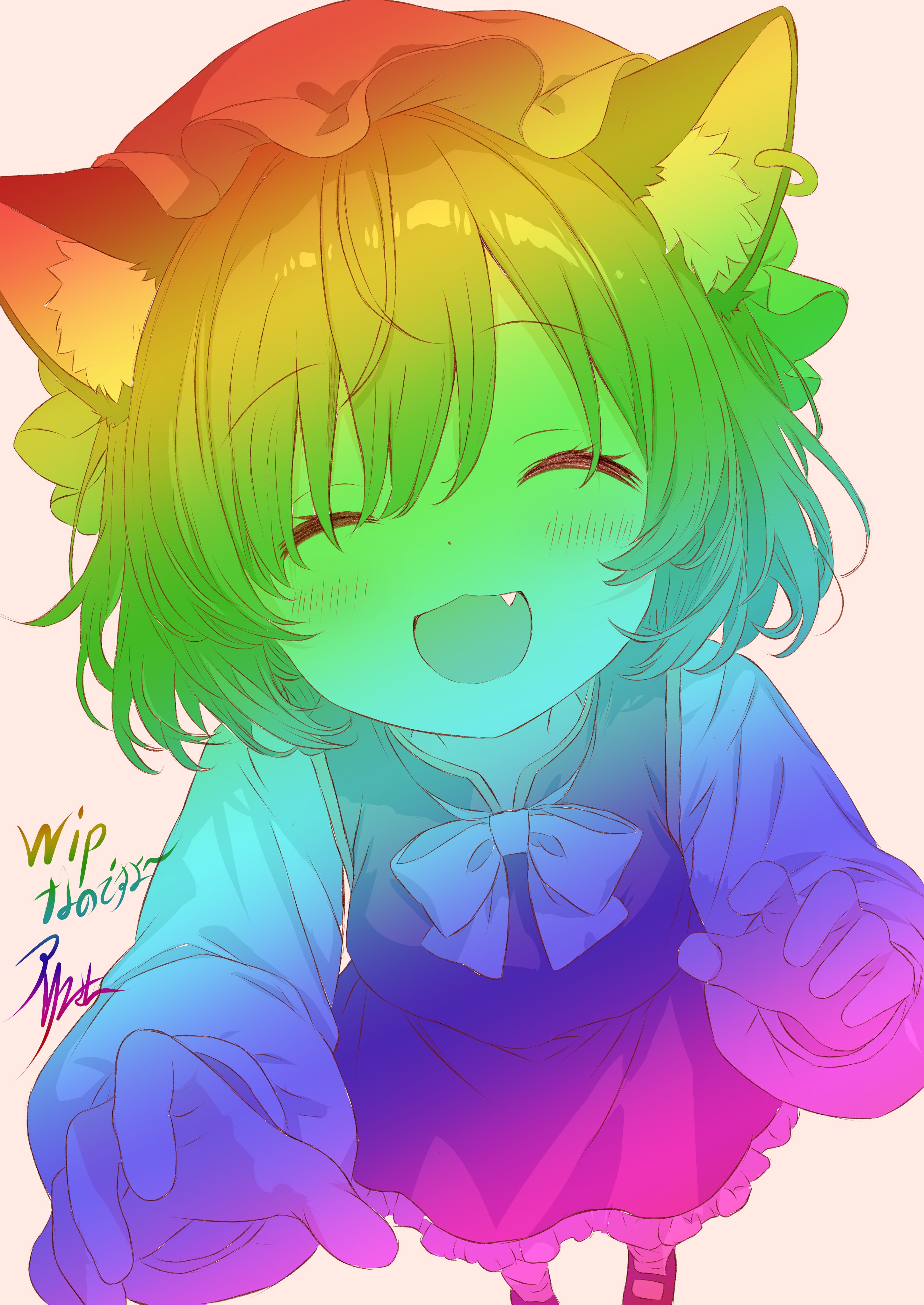 iris-san, chen, touhou, absurdres, commentary request, highres, unfinished, 1girl, animal ears, blush, bow, bowtie, cat ears, closed eyes, earrings, facing viewer, fang, frilled skirt, frills, full body, hat, jewelry, long sleeves, mary janes, mob cap, rainbow gradient, reaching, reaching towards viewer, shirt, shoes, short hair, signature, single earring, skirt, smile, socks, solo, vest, white background