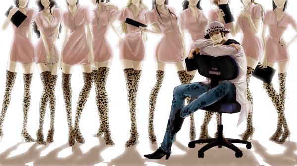 trafalgar law, one piece, 1boy, 6+girls, black hair, blonde hair, brown hair, chair, clipboard, coat, doctor, hat, high heels, long hair, multiple girls, nurse, orange hair, shoes, short hair, thighhighs