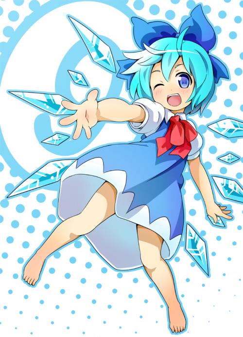 sankuro (agoitei), cirno, embodiment of scarlet devil, touhou, jpeg artifacts, 1girl, :d, ;d, barefoot, beckoning, blue eyes, blue hair, blush, circled 9, female focus, foreshortening, matching hair/eyes, one eye closed, open mouth, outstretched hand, smile, solo, wings, wink