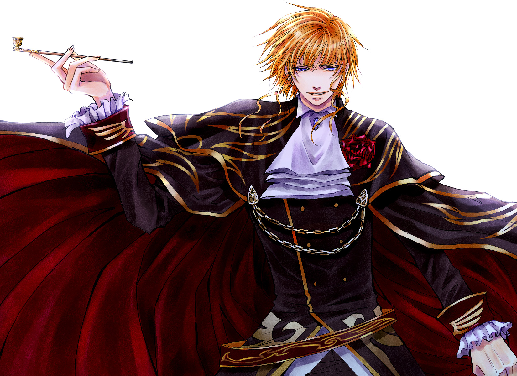 kaoru, beatrice (umineko), umineko no naku koro ni, bad id, bad pixiv id, highres, 1boy, ascot, blonde hair, blue eyes, cape, chain, flower, frills, genderswap, genderswap (ftm), kiseru, male focus, rose, smoking pipe, solo