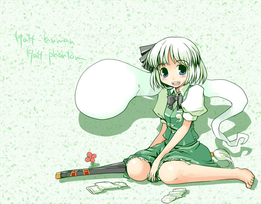 kanoe soushi, konpaku youmu, konpaku youmu (ghost), touhou, 1girl, bad feet, barefoot, blue eyes, blush, feet, female focus, flower, ghost, katana, short hair, sitting, smile, socks, solo, sword, unworn socks, wariza, weapon, white hair