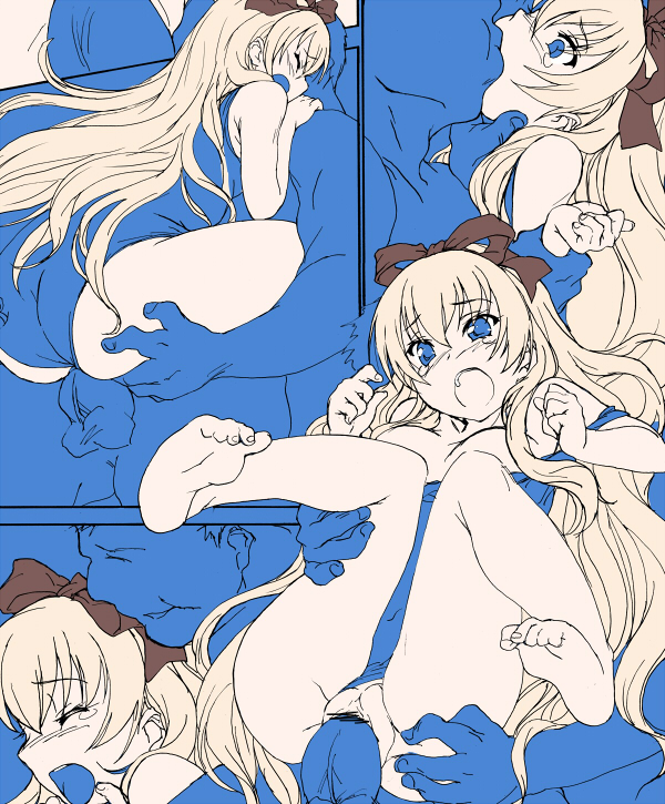 matsukura nemu, umenomori chise, mayoi neko overrun!, 1girl, barefoot, censored, clothing aside, feet, legs, long hair, monochrome, mosaic censoring, one-piece swimsuit, partially colored, penis, pointless censoring, rape, ribbon, school swimsuit, sex, swimsuit, swimsuit aside, tears, vaginal