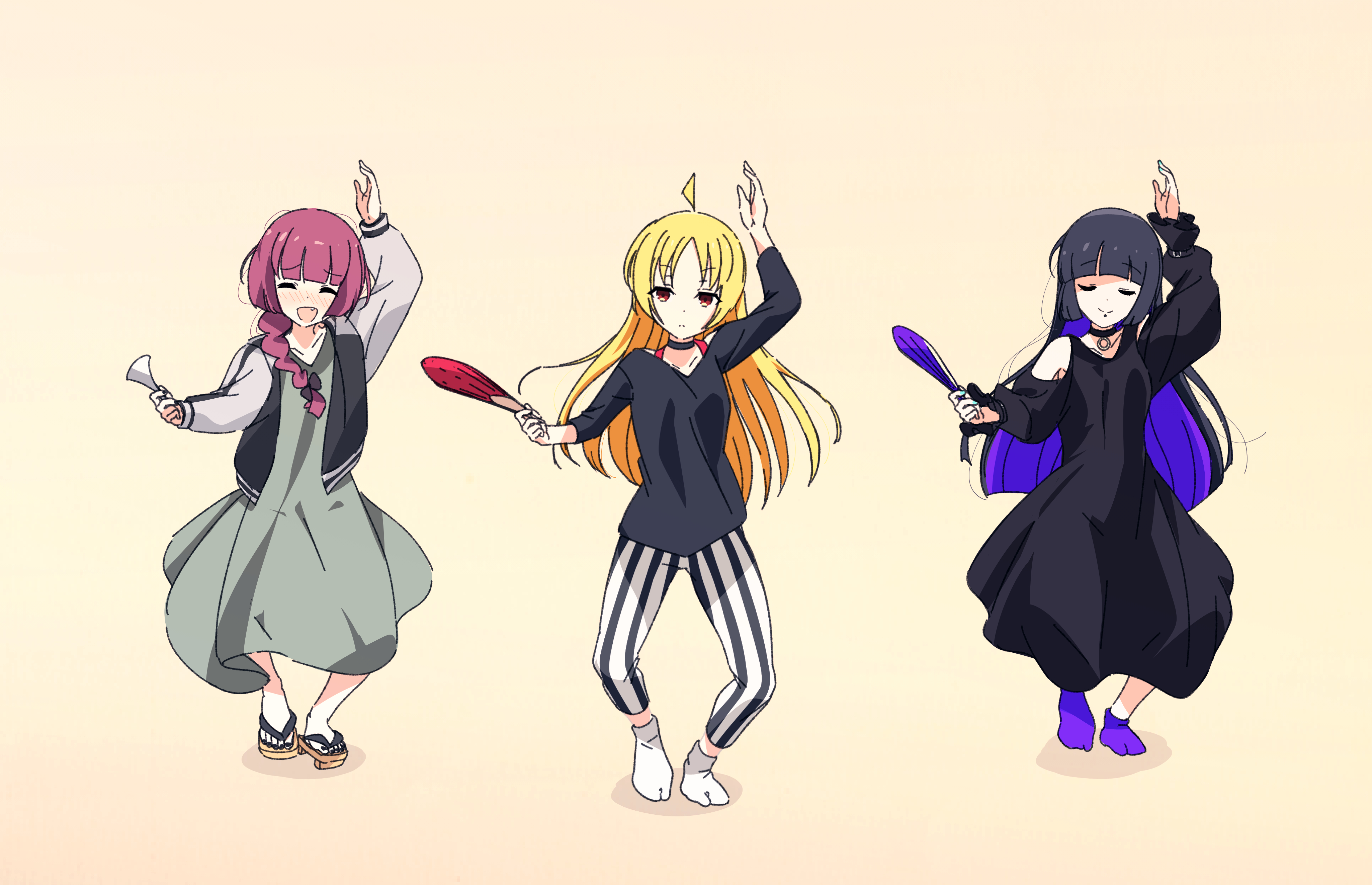 goumonsha, hiroi kikuri, ijichi seika, pa-san, bocchi the rock!, absurdres, commentary request, highres, 3girls, ahoge, arm up, bachi, bare shoulders, black dress, black hair, black nails, black shirt, blonde hair, blush, braid, choker, closed eyes, clothing cutout, colored inner hair, dancing, dress, expressionless, face piercing, fang, full body, geta, gradient background, hair over shoulder, hand fan, hime cut, holding, holding plectrum, jacket, labret piercing, long hair, multicolored hair, multiple girls, nail polish, no socks, nose blush, open clothes, open jacket, open mouth, pants, paper fan, parody, piercing, plectrum, purple hair, shirt, shoulder cutout, side braid, smile, socks, striped clothes, striped pants, tabi, toenail polish, toenails, two-tone hair, uchiwa, yura yura teikoku