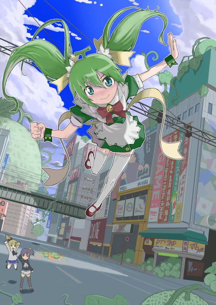 310, melon-chan, melonbooks, 1girl, blue eyes, bow, city, female focus, flying, food, fruit, hair ribbon, looking at viewer, maid, melon, ribbon, smile, solo, thighhighs, twintails, white thighhighs, wrist cuffs, yellow bow