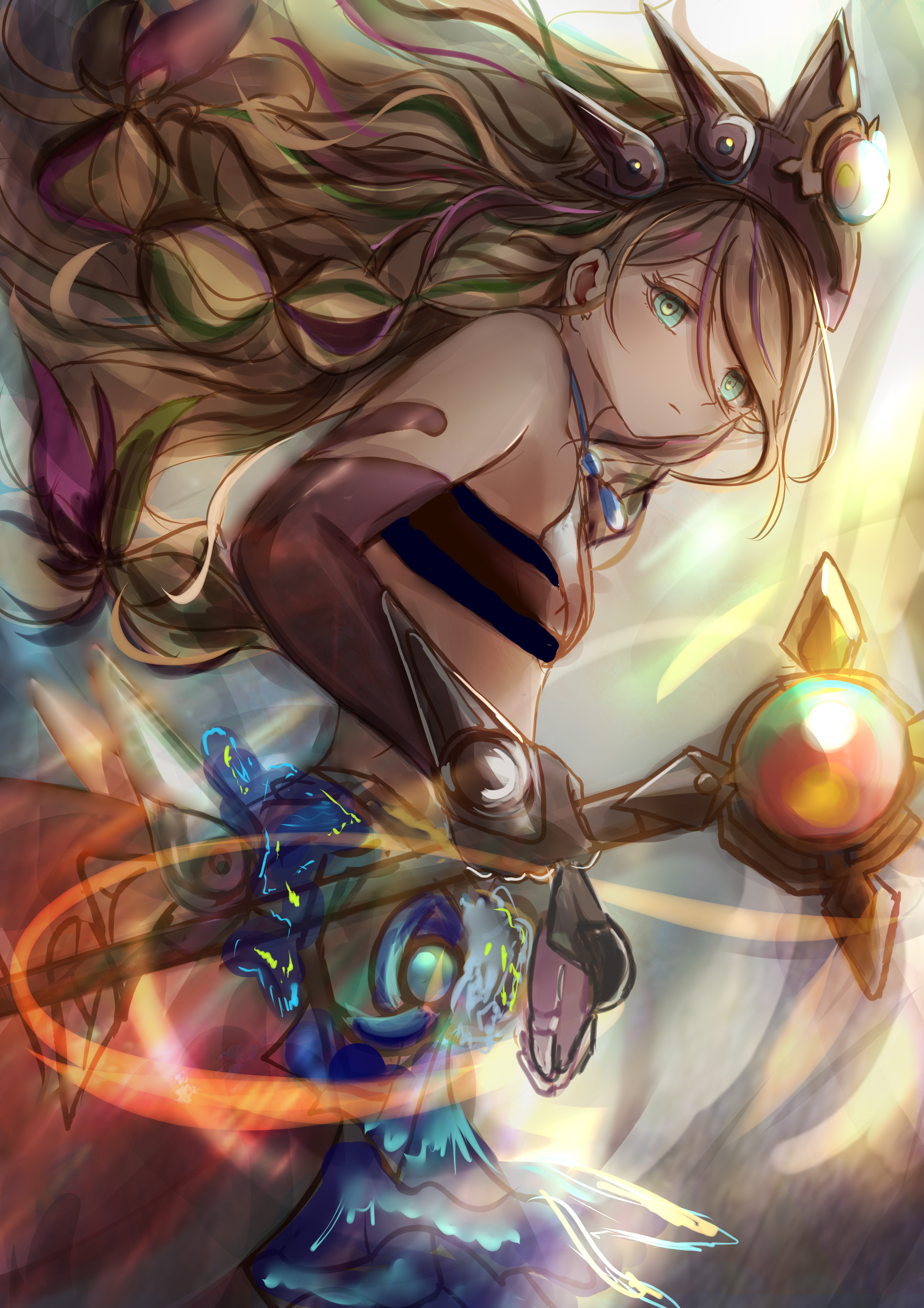 jun illustration, ritual beast tamer wen, yu-gi-oh!, absurdres, commentary, highres, 1girl, armor, bare shoulders, big hair, blonde hair, blue skirt, body markings, braid, breasts, closed mouth, colored extremities, cowboy shot, duel monster, faulds, fins, green hair, hair between eyes, holding, holding staff, long hair, looking at viewer, mermaid, midriff, monster girl, multicolored hair, purple hair, purple hands, purple streaks, reeshaddoll wendikurhu, side braids, sidelocks, skirt, small breasts, solo, staff, swept bangs, very long hair