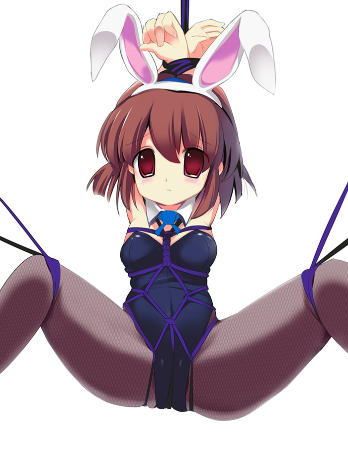milk (artist), milk (pixiv178138), arle nadja, madou monogatari, puyopuyo, bad id, bad pixiv id, 1girl, animal ears, armpits, bdsm, bondage, bound, brown eyes, brown hair, detached collar, fake animal ears, female focus, fishnet pantyhose, fishnets, pantyhose, playboy bunny, rabbit ears, rope, shibari, short hair, solo, spread legs