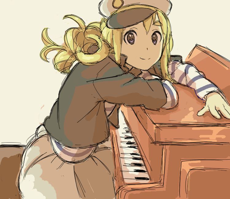 howoji, kotobuki tsumugi, k-on!, listen!!, bad id, bad pixiv id, 1girl, blonde hair, female focus, hat, instrument, piano, sailor hat, shirt, smile, solo, striped clothes, striped shirt