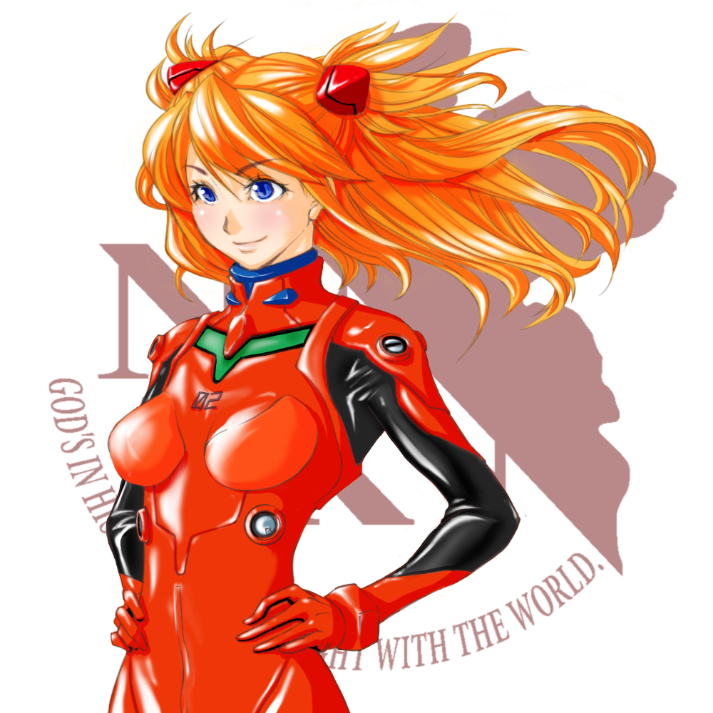 renha, souryuu asuka langley, evangelion: 2.0 you can (not) advance, neon genesis evangelion, rebuild of evangelion, eyebrows, 00s, 1girl, blue eyes, bodysuit, bracer, breasts, closed mouth, english text, female focus, floating hair, from side, gloves, hands on own hips, headgear, light smile, logo, long hair, looking to the side, mecha pilot suit, nerv, orange hair, parted bangs, plugsuit (evangelion), shiny clothes, simple background, small breasts, smile, solo, standing, turtleneck, two side up, upper body, white background
