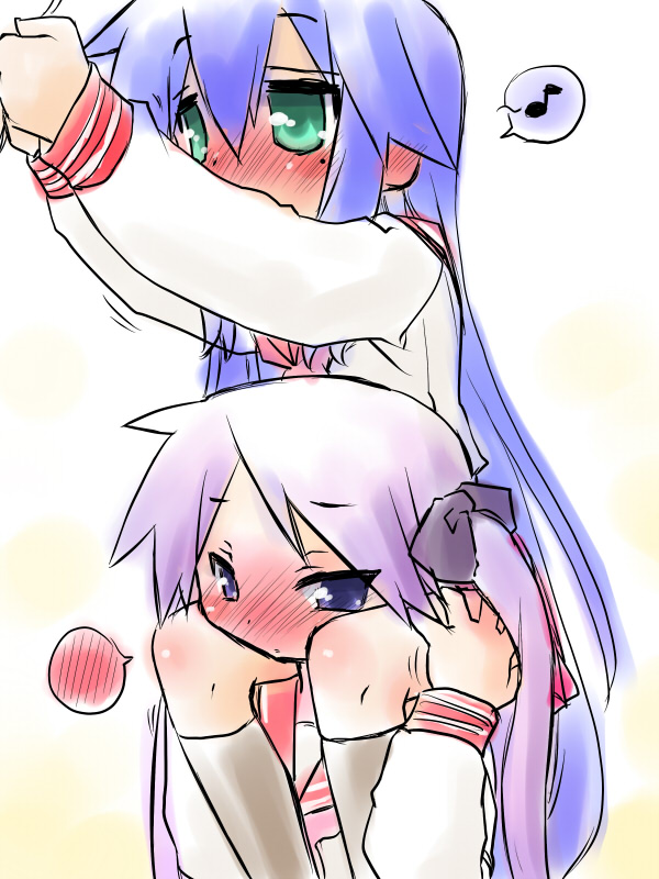 kogaku kazuya, hiiragi kagami, izumi konata, lucky star, 00s, 2girls, blue eyes, blue hair, blush, carrying, green eyes, hair ribbon, mole, mole under eye, multiple girls, musical note, purple hair, quaver, ribbon, shoulder carry, speech bubble, spoken blush, spoken musical note, tanabata, thighhighs, twintails, yuri