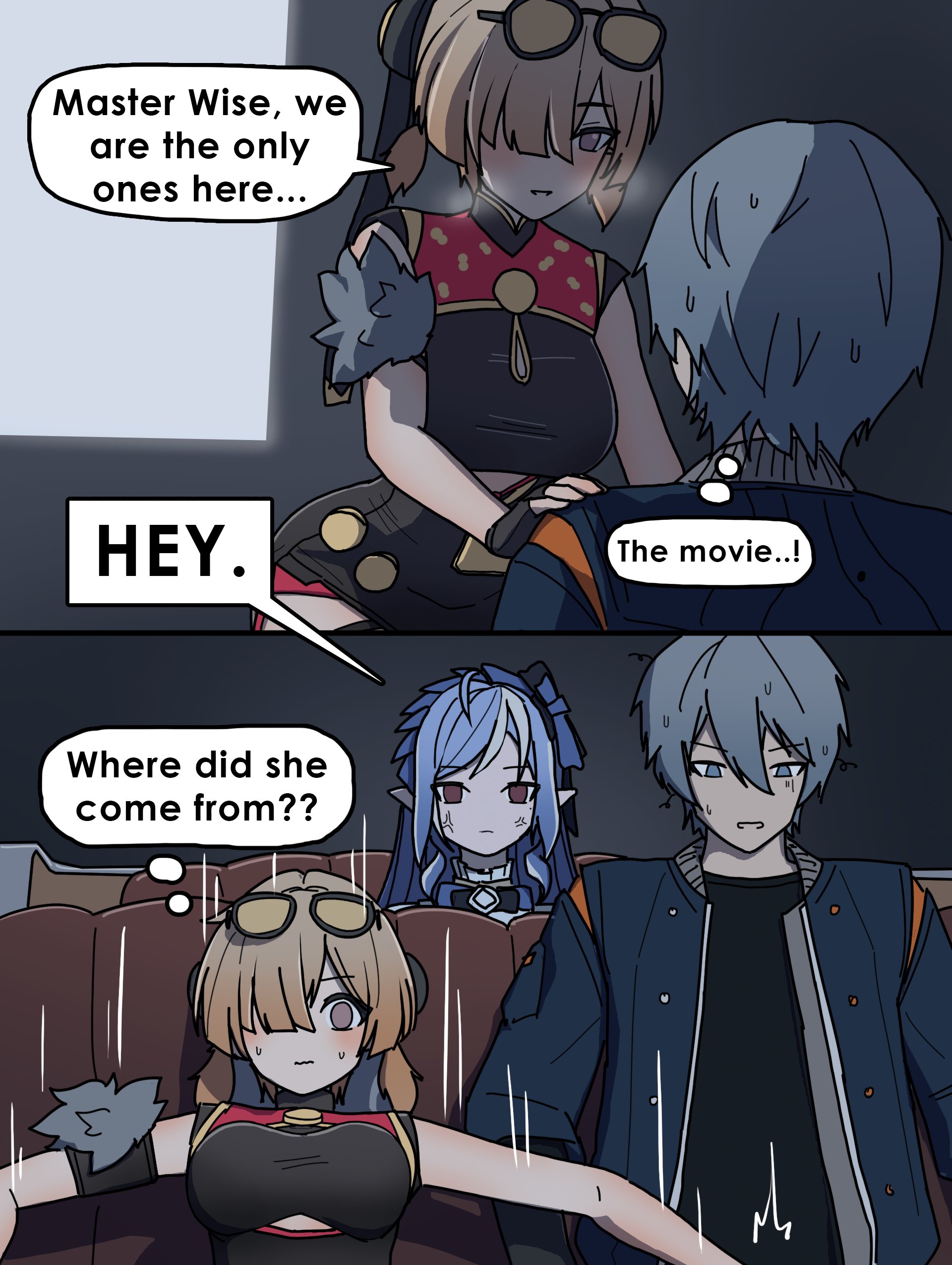 dorahdew, sweety (zenless zone zero), vivian banshee, wise (zenless zone zero), zenless zone zero, absurdres, commentary, english commentary, highres, 1boy, 2girls, anger vein, black dress, black gloves, blue hair, breasts, brown hair, china dress, chinese clothes, clothing cutout, dress, eyewear on head, fingerless gloves, gloves, green eyes, grey hair, hands on another's shoulders, indoors, large breasts, motion lines, movie theater, multicolored hair, multiple girls, pointy ears, purple eyes, red eyes, sitting, streaked hair, tinted eyewear, two-tone hair, underboob cutout, white hair, yellow-tinted eyewear