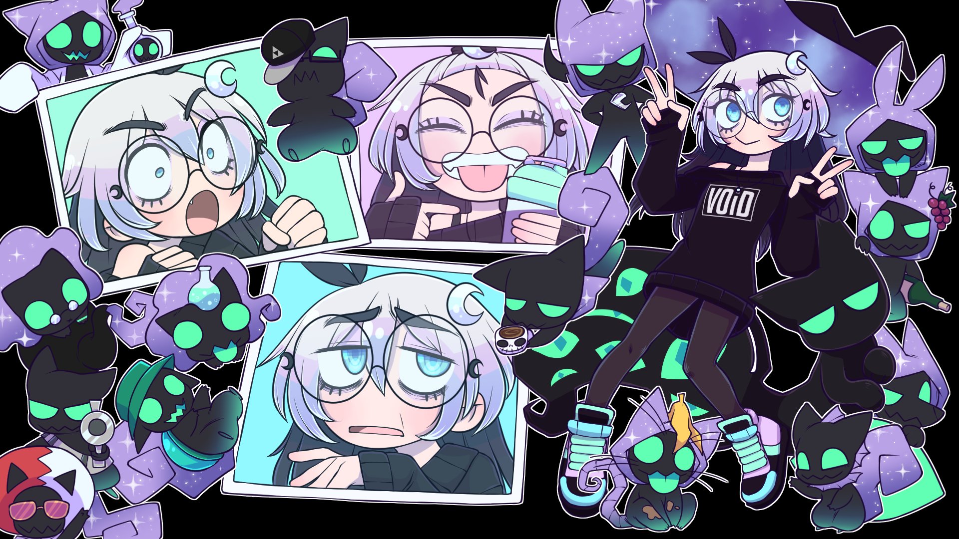 alphena, miror b. (pokemon), indie virtual youtuber, nintendo, pokemon, pokemon colosseum, commentary, english commentary, highres, official art, official wallpaper, 1girl, 6+others, aiming, aiming at viewer, alphena (vtuber), banana peel, bangs pinned back, black leggings, black shirt, blue eyes, blue shoes, cosplay, crescent, crescent hair ornament, double v, eyelashes, hair between eyes, hair ornament, hat, leggings, miror b. (pokemon) (cosplay), multiple others, off shoulder, purple hair, round eyewear, shirt, shoes, short hair, sneakers, tongue, tongue out, v, virtual youtuber, voidling (alphena), witch hat