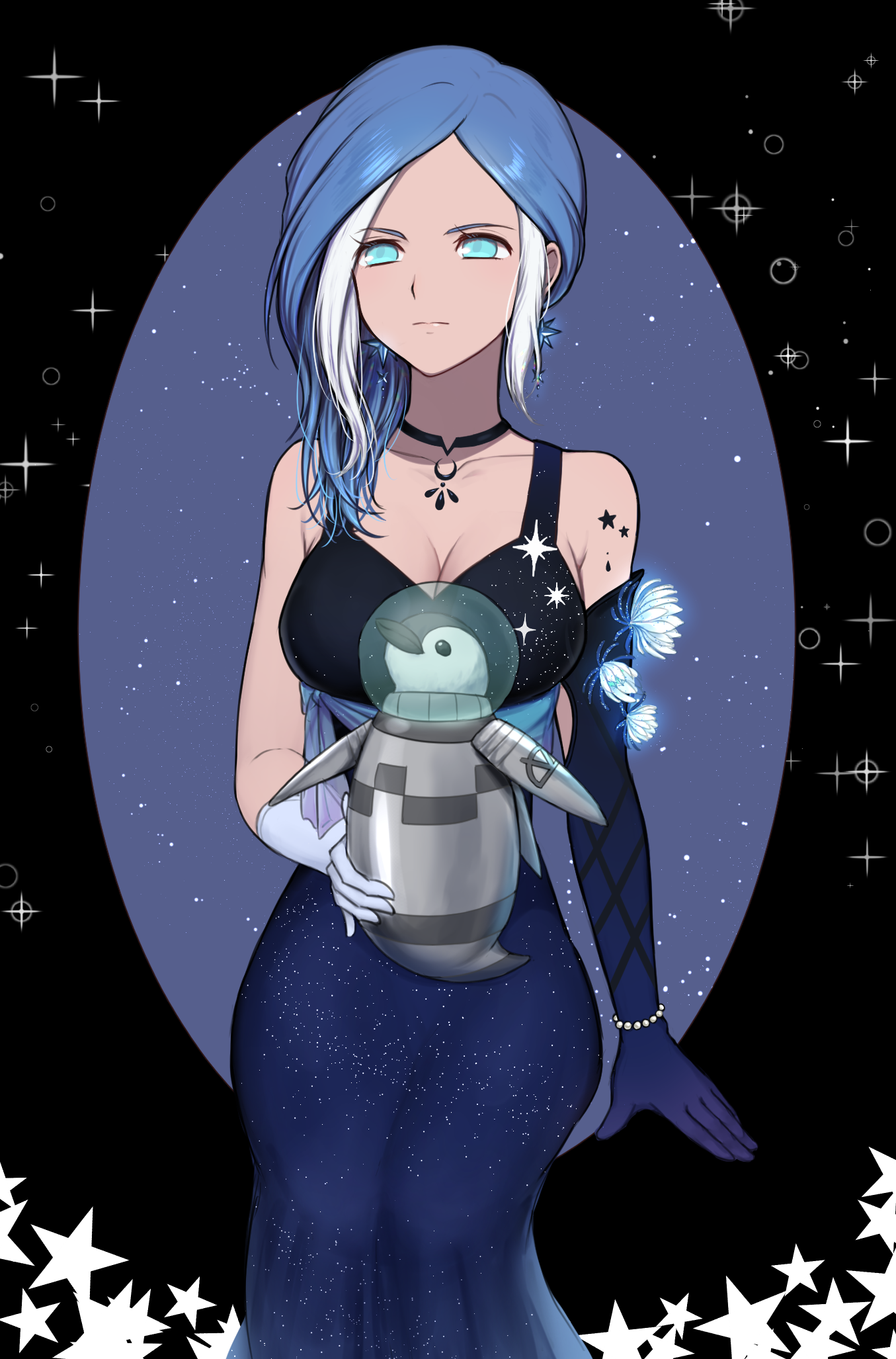 urubida, inazuma eleven, inazuma eleven (series), commentary, highres, 1girl, black background, black choker, black dress, blue circle, blue dress, blue eyes, blue gloves, blue hair, breasts, choker, cleavage, dress, dress flower, earrings, elbow gloves, flower, gloves, gradient clothes, gradient dress, haniwa (amesi su), helmet, invisible chair, jewelry, large breasts, medium hair, multicolored hair, necklace, no pupils, single elbow glove, sitting, space helmet, star (symbol), star earrings, stuffed animal, stuffed penguin, stuffed toy, white gloves, white hair