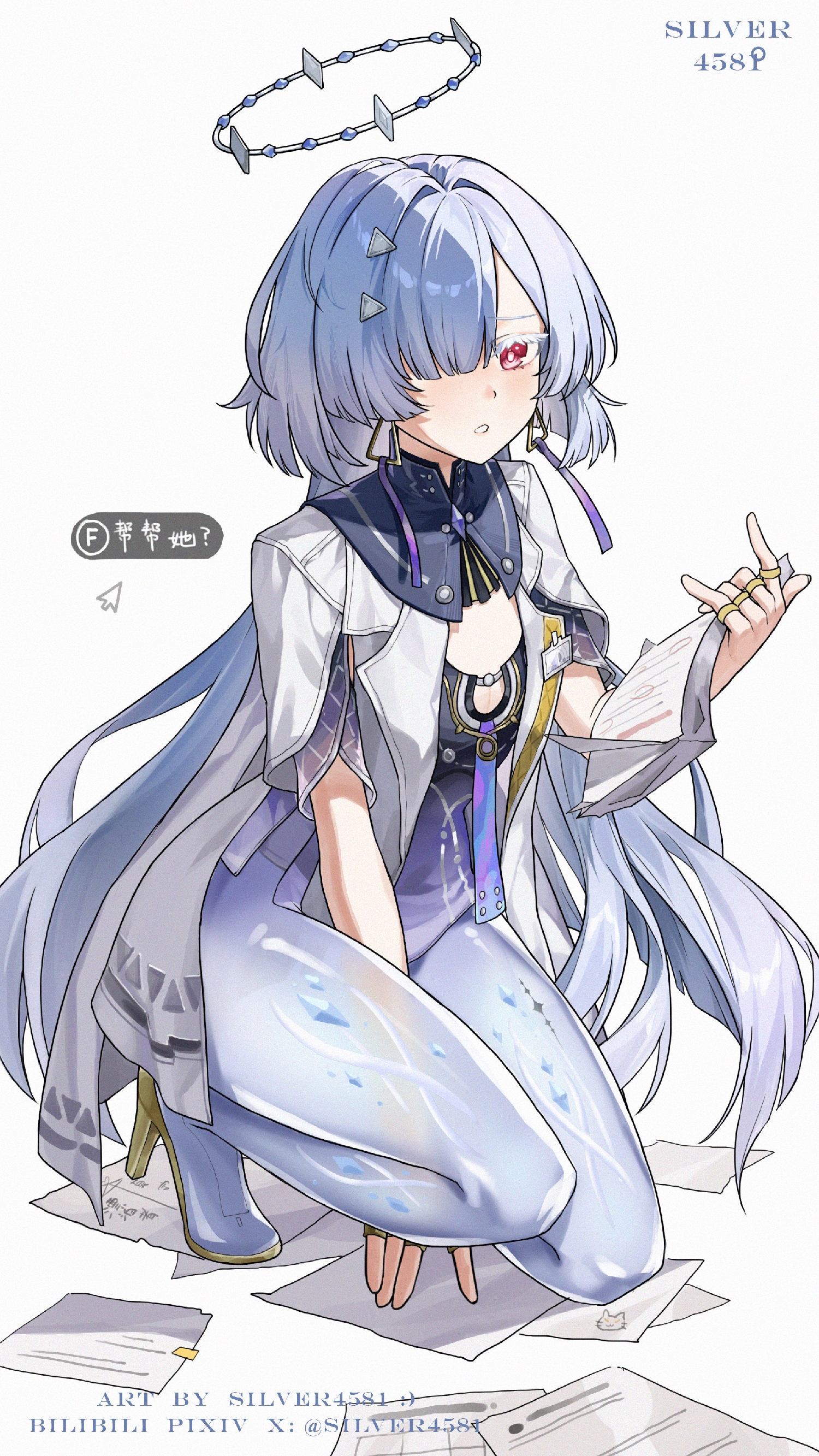 silver4581, mornye (wuthering waves), wuthering waves, absurdres, chinese commentary, commentary request, highres, 1girl, artist name, breasts, colored eyelashes, grey hair, hair ornament, halo, holding, holding paper, id card, jacket, long hair, looking at viewer, paper, parted lips, red eyes, see-through body, small breasts, solo, squatting, tacet mark (wuthering waves), white jacket