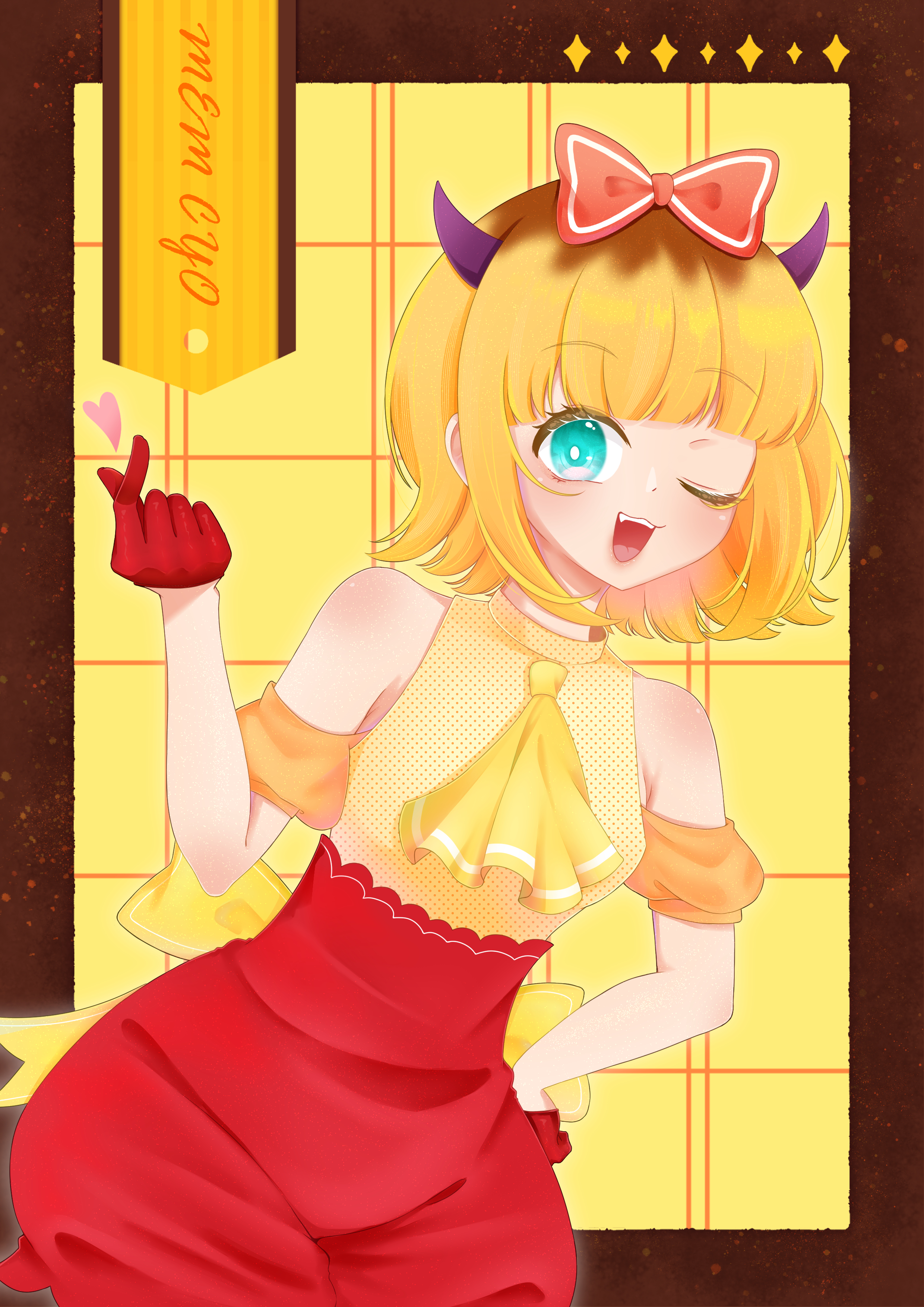 oshi no ko, absurdres, highres, 1girl, :3, ascot, blonde hair, blue eyes, blush, bob cut, bow, demon horns, detached sleeves, fake horns, gloves, hair bow, hand on own hip, heart, horns, idol, idol clothes, inverted bob, kaede rei, leaning to the side, looking at viewer, memcho, multicolored hair, no pupils, one eye closed, open mouth, pop in 2, red gloves, red shorts, roots (hair), shirt, short hair, shorts, smile, solo, yellow ascot, yellow shirt